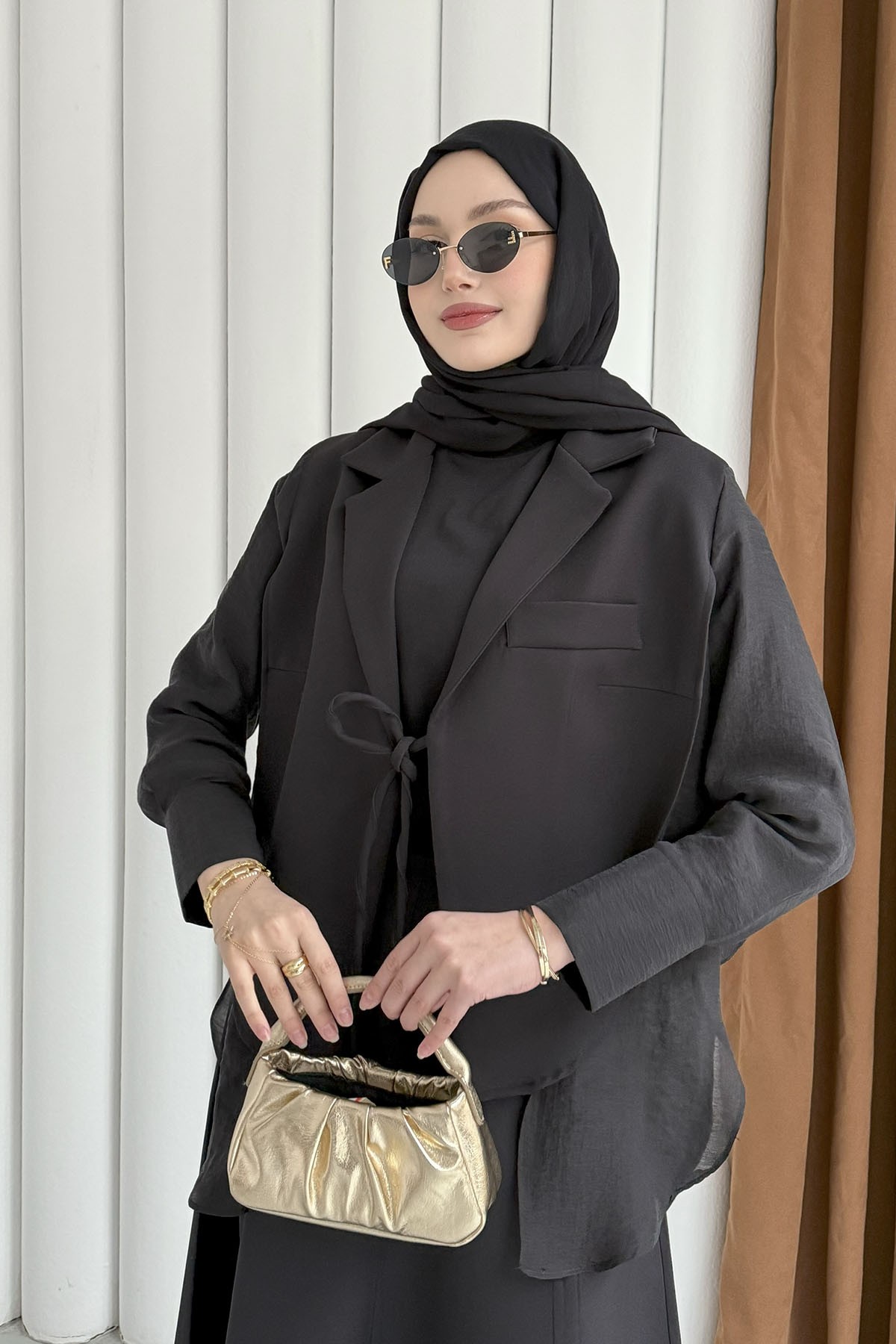 Oversize Şifon & Tül Detaylı Pamuklu Ceket-SİYAH