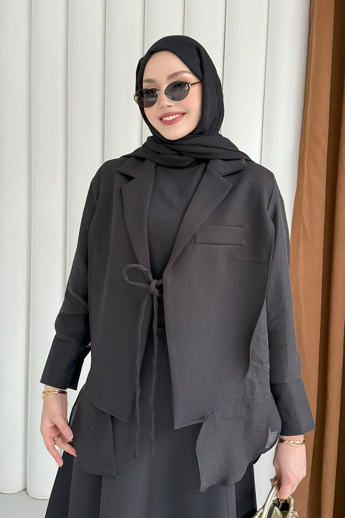 Oversize Şifon & Tül Detaylı Pamuklu Ceket-SİYAH