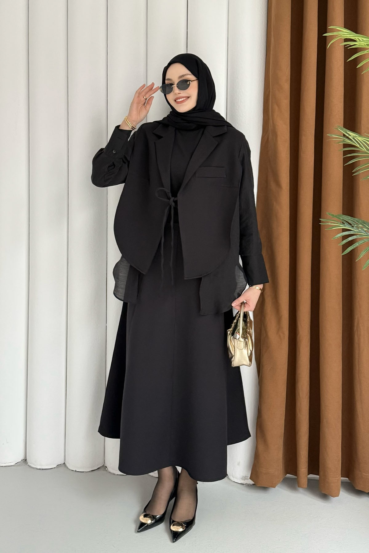 Oversize Şifon & Tül Detaylı Pamuklu Ceket-SİYAH