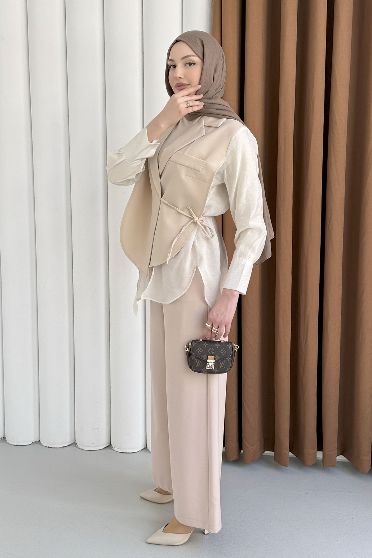 Oversize Şifon & Tül Detaylı Pamuklu Ceket-TAŞ