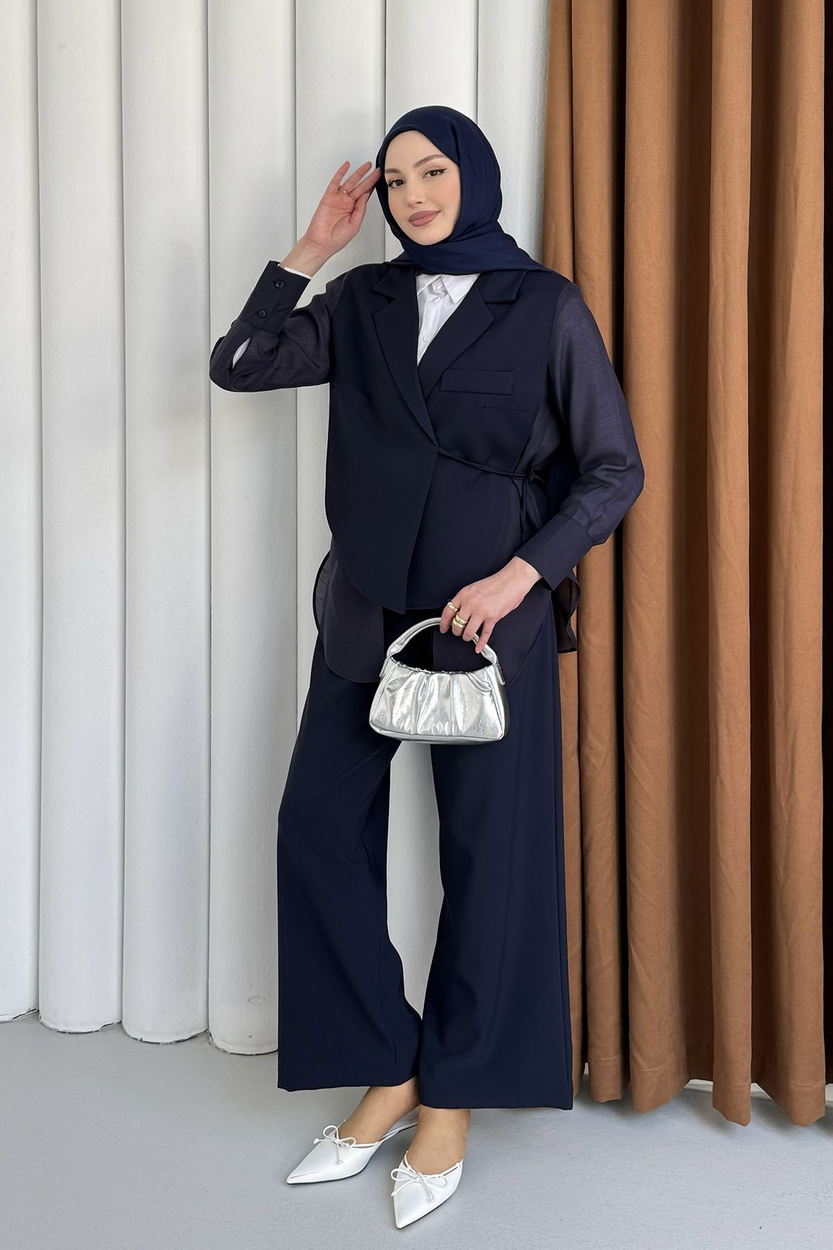 Oversize Şifon & Tül Detaylı Pamuklu Ceket-LACİVERT