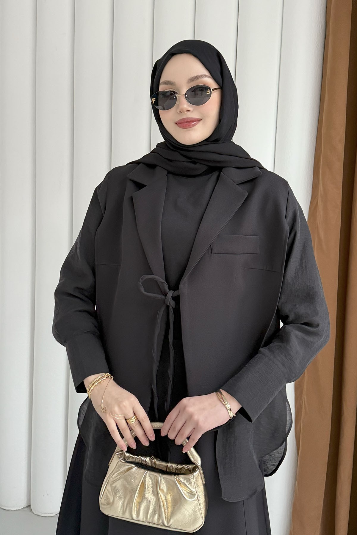 Oversize Şifon & Tül Detaylı Pamuklu Ceket-SİYAH