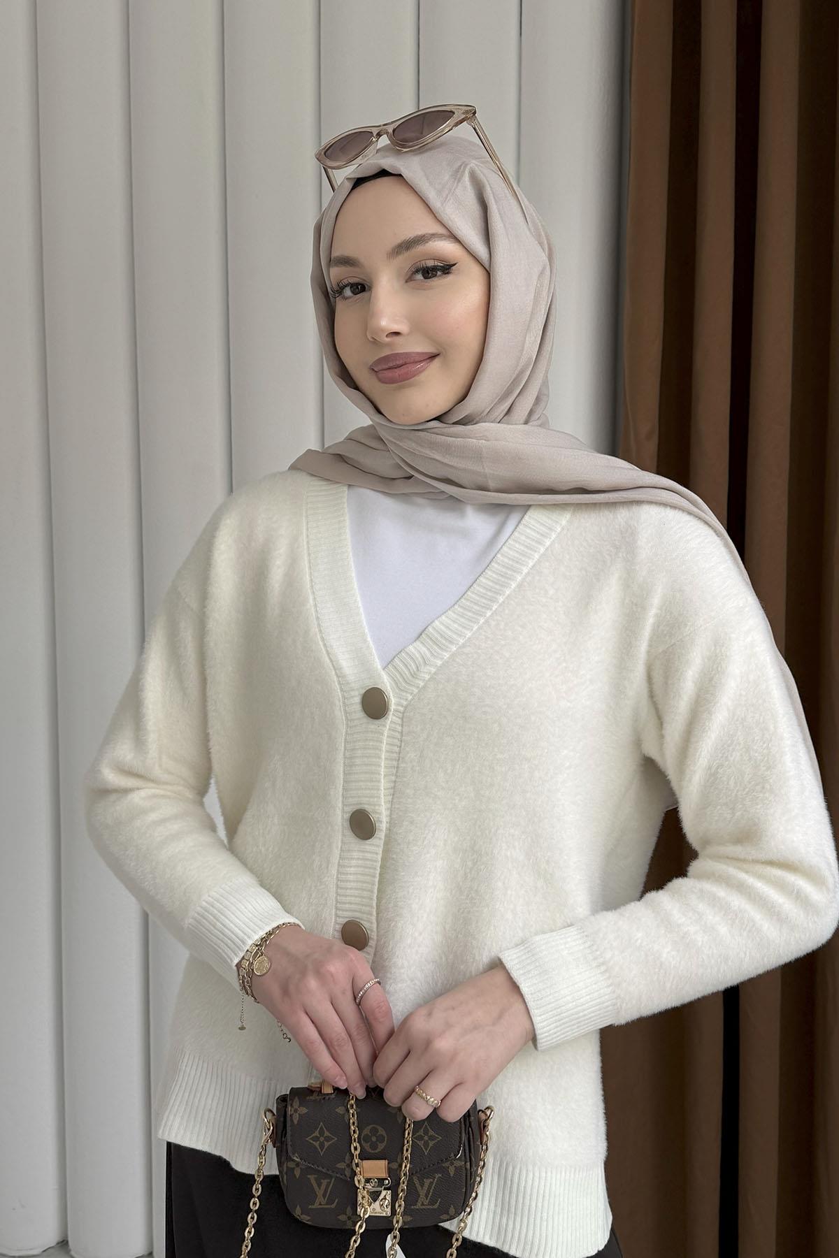 Oversize V Yaka Yumoş Hırka-EKRU