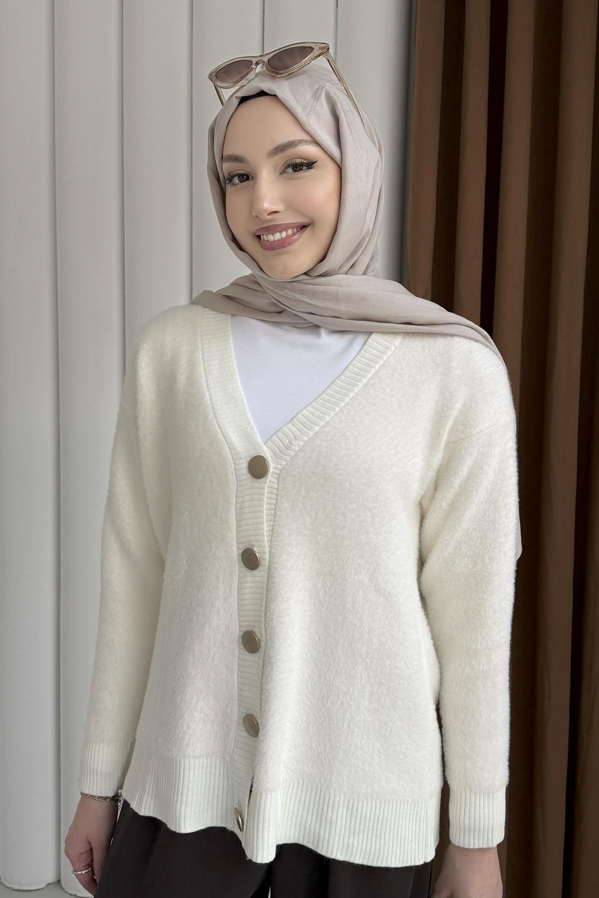 Oversize V Yaka Yumoş Hırka-EKRU