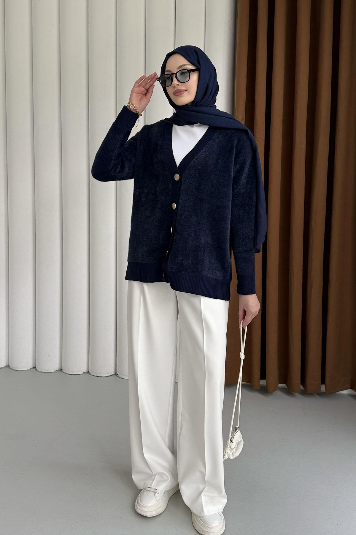 Oversize V Yaka Yumoş Hırka-LACİVERT