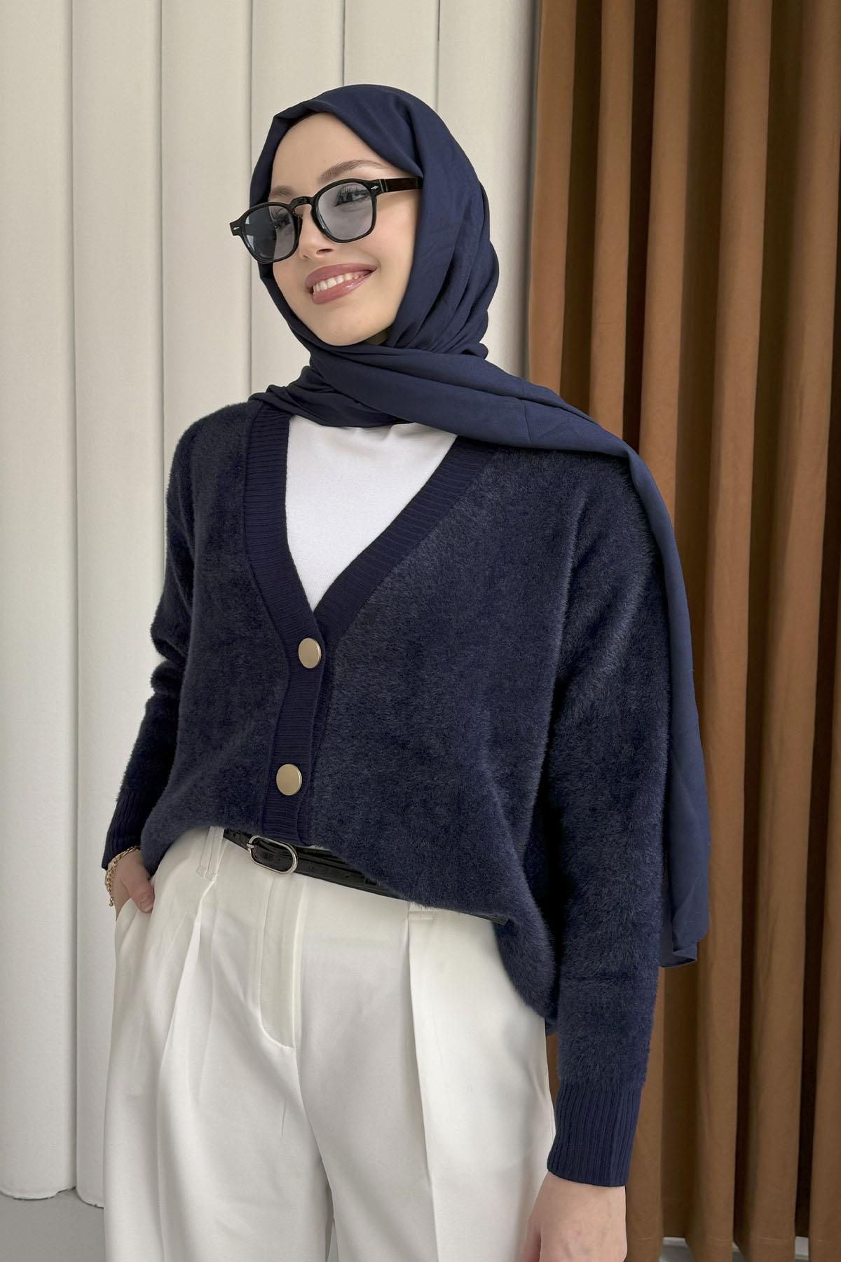 Oversize V Yaka Yumoş Hırka-LACİVERT