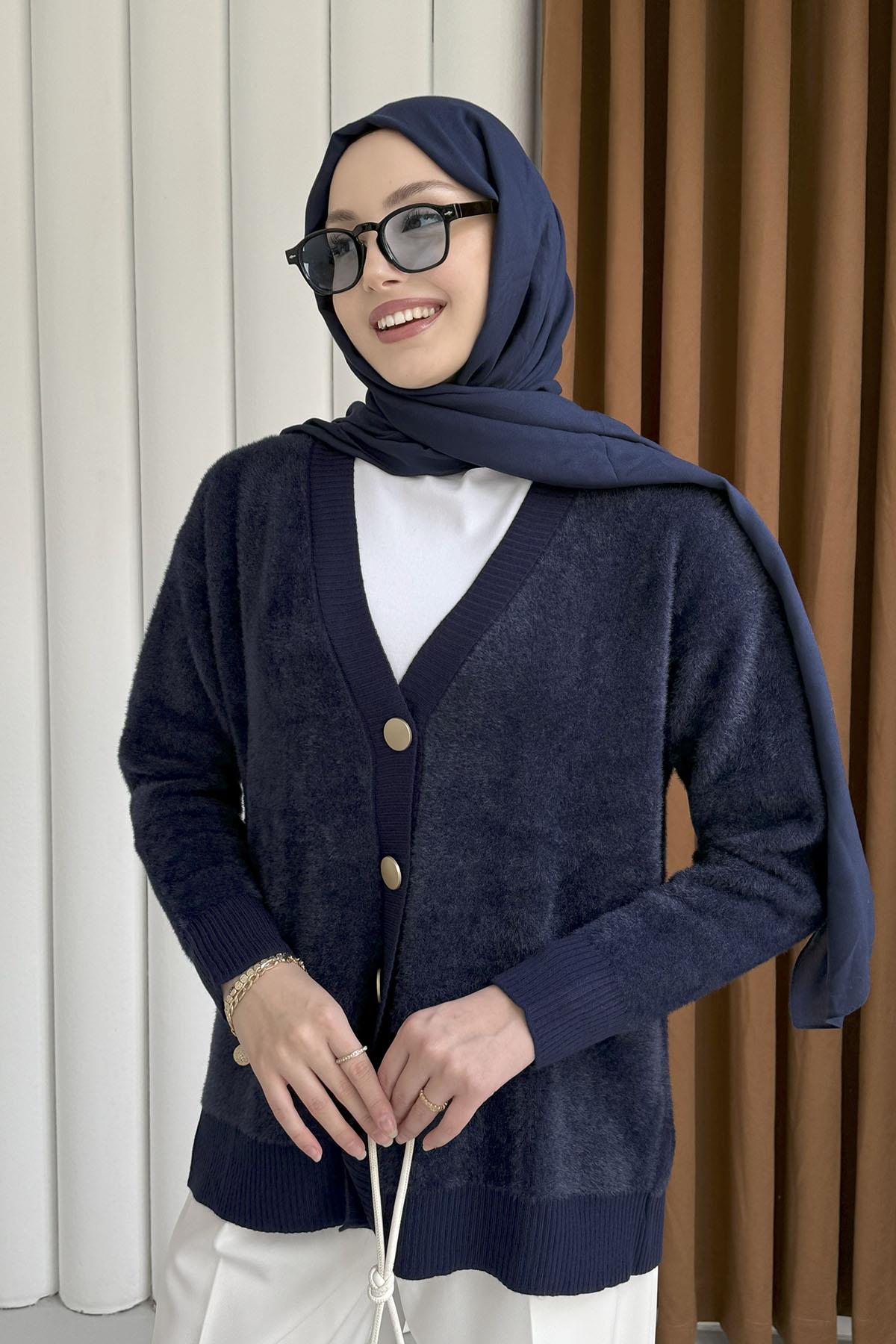 Oversize V Yaka Yumoş Hırka-LACİVERT