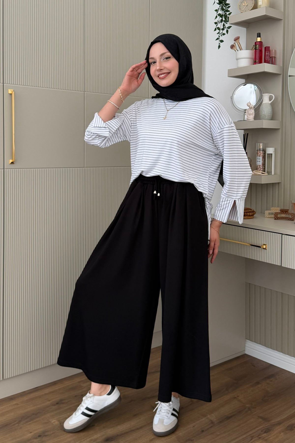 Oysho Beli İpli Lastikli Bol Paça Etek Pantolon-SİYAH