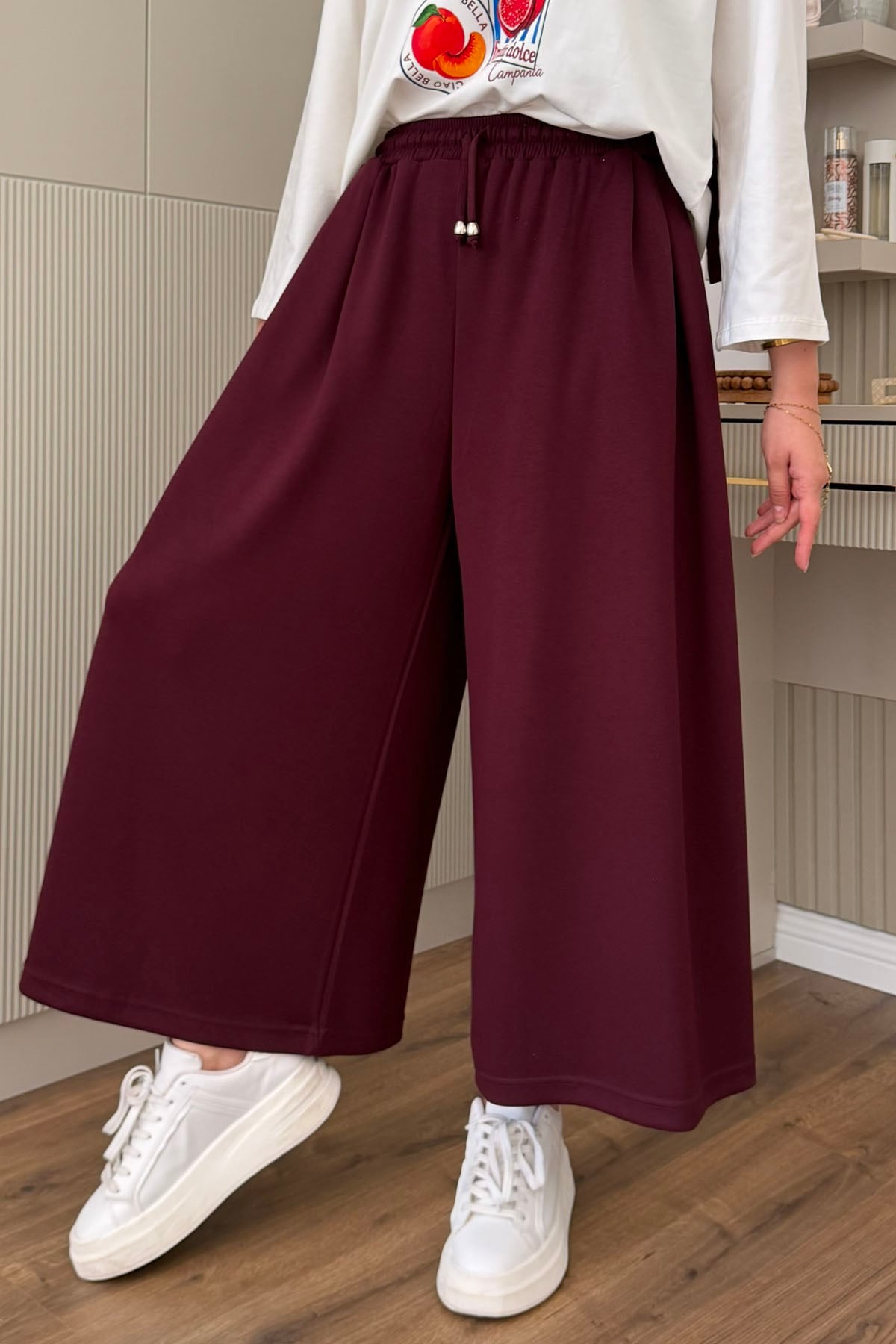 Oysho Beli İpli Lastikli Bol Paça Etek Pantolon-BORDO
