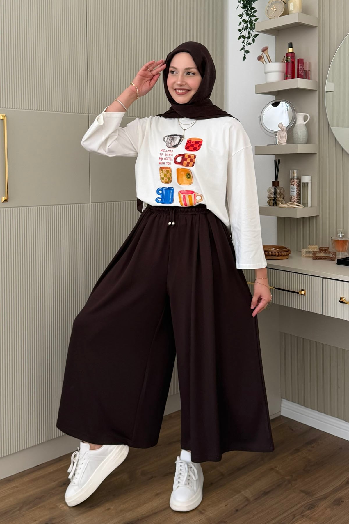 Oysho Beli İpli Lastikli Bol Paça Etek Pantolon-KAHVERENGİ