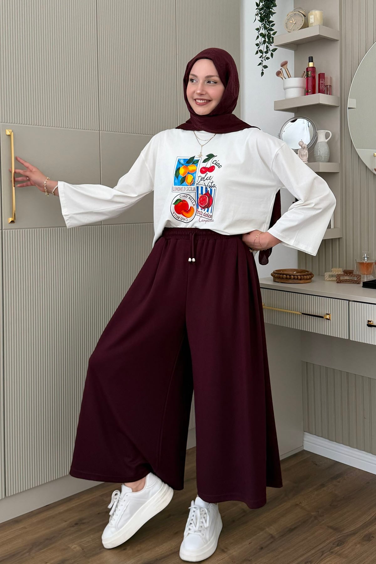 Oysho Beli İpli Lastikli Bol Paça Etek Pantolon-BORDO