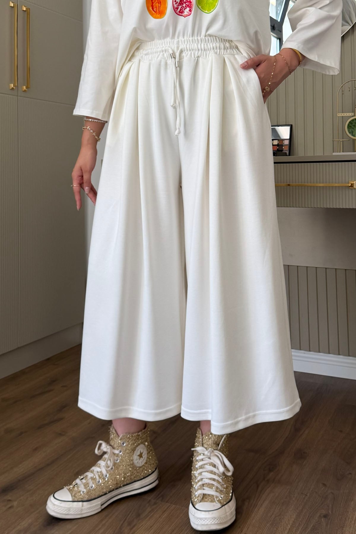 Oysho Beli İpli Lastikli Bol Paça Etek Pantolon-BEYAZ