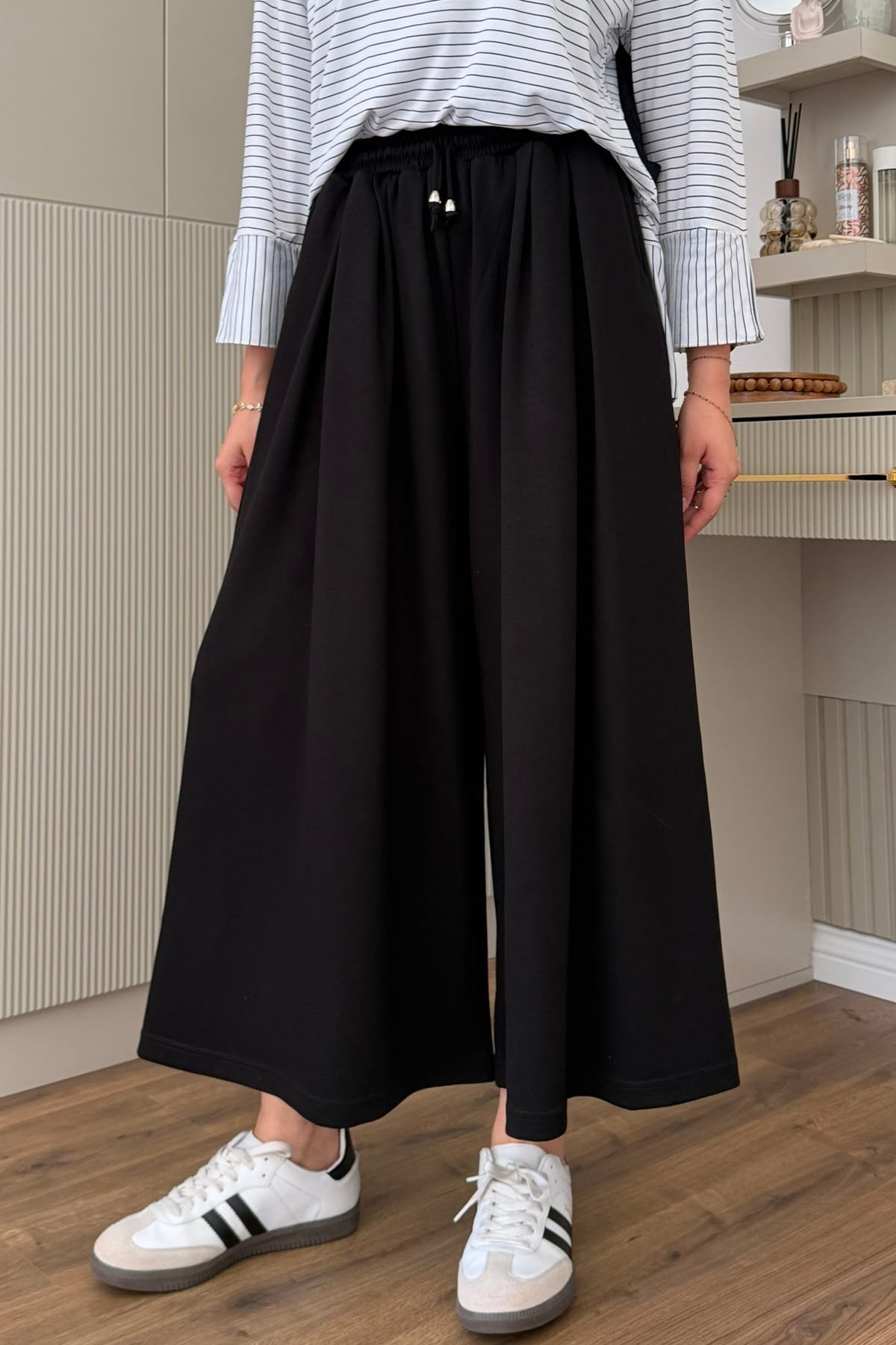 Oysho Beli İpli Lastikli Bol Paça Etek Pantolon-SİYAH