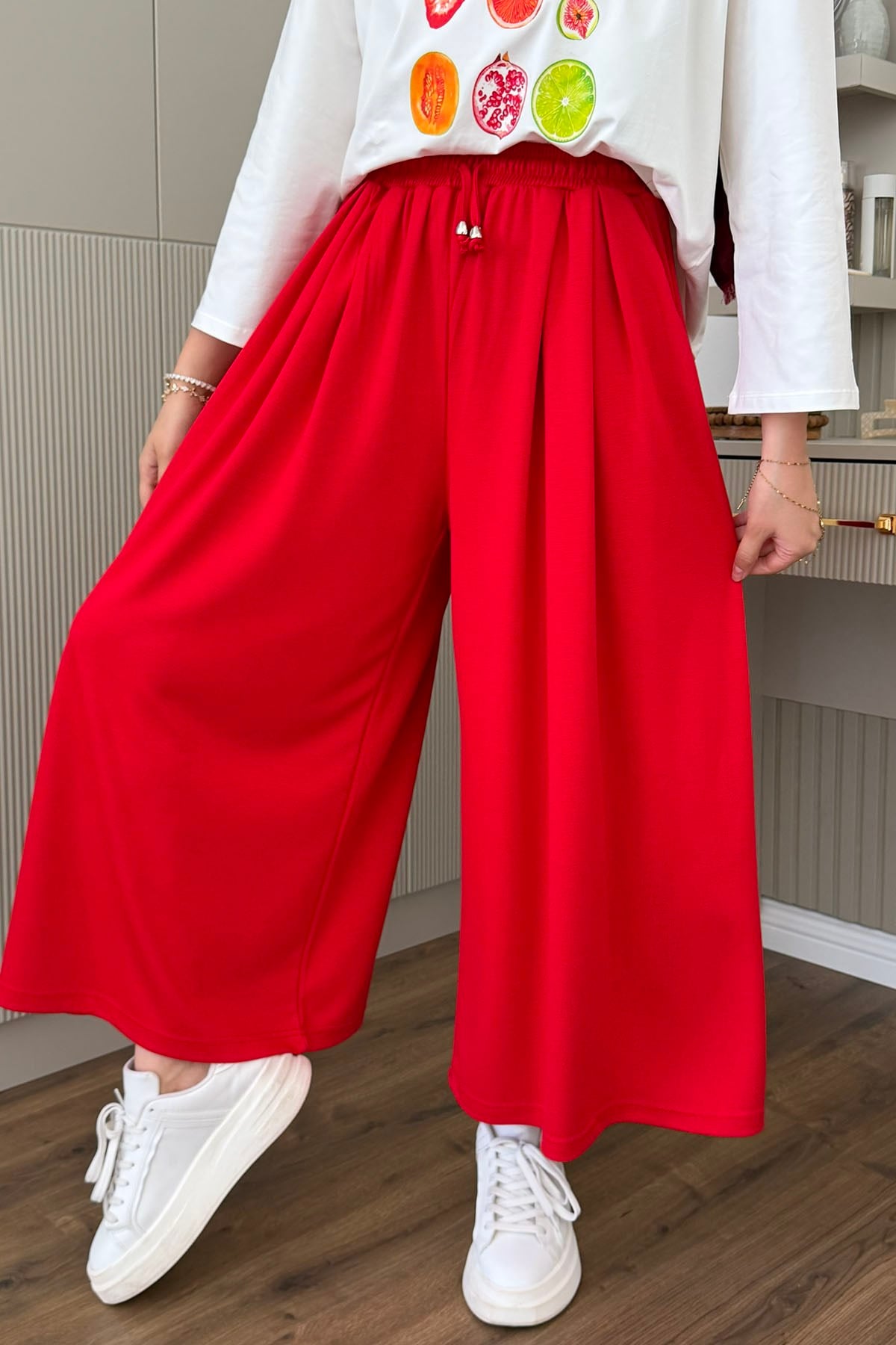 Oysho Beli İpli Lastikli Bol Paça Etek Pantolon-KIRMIZI