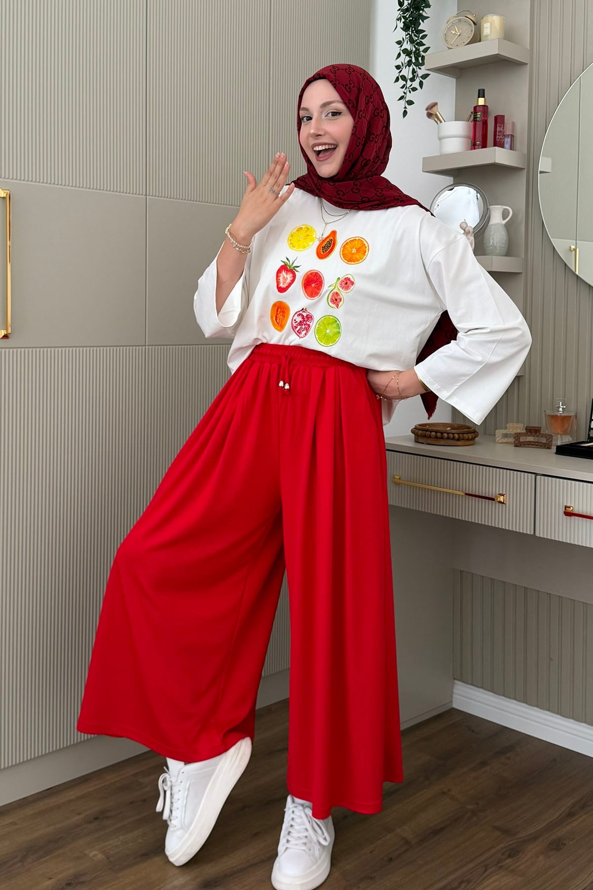 Oysho Beli İpli Lastikli Bol Paça Etek Pantolon-KIRMIZI