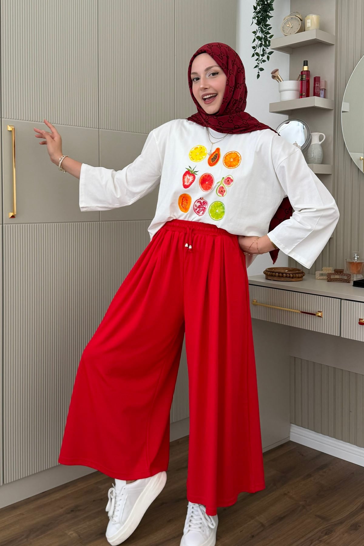 Oysho Beli İpli Lastikli Bol Paça Etek Pantolon-KIRMIZI