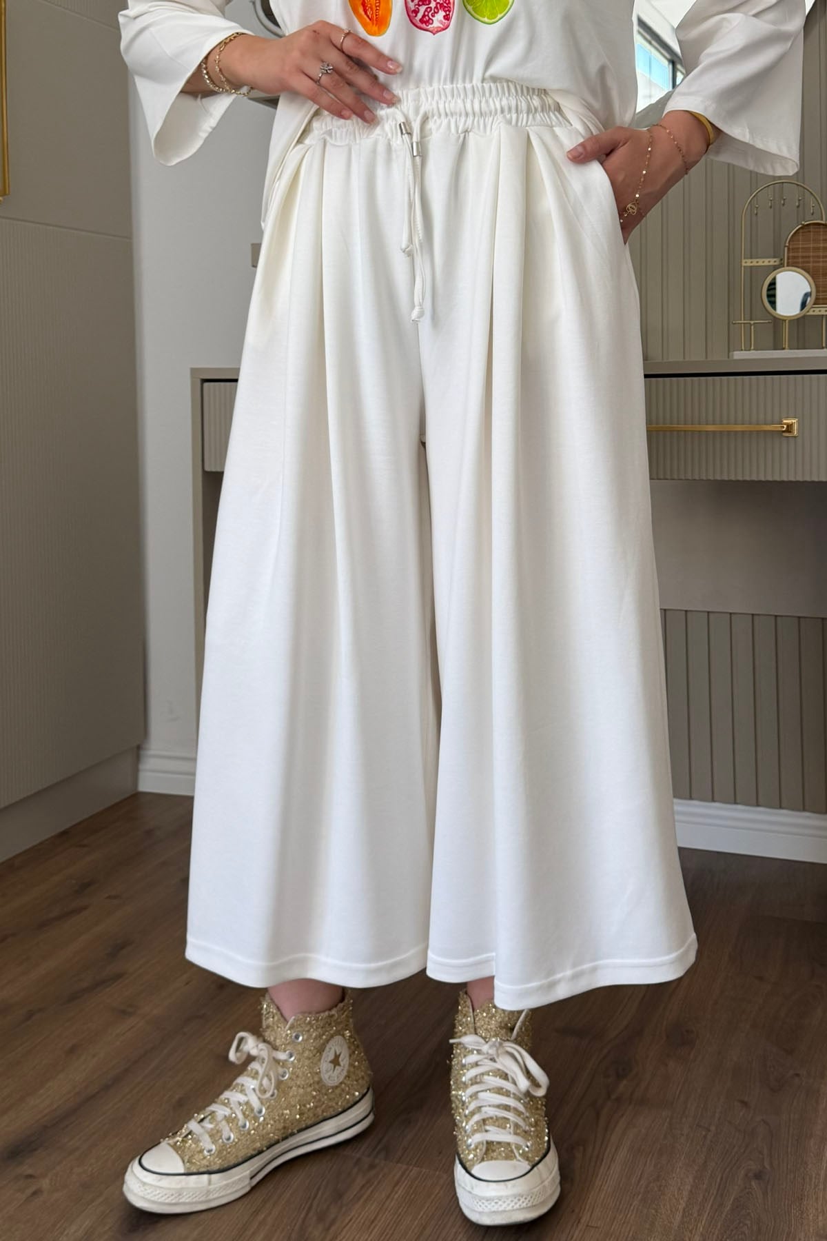 Oysho Beli İpli Lastikli Bol Paça Etek Pantolon-BEYAZ
