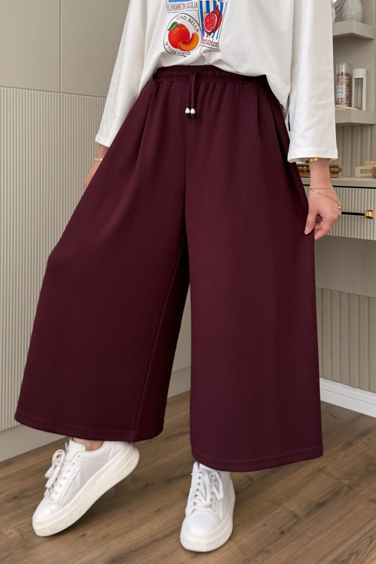 Oysho Beli İpli Lastikli Bol Paça Etek Pantolon-BORDO