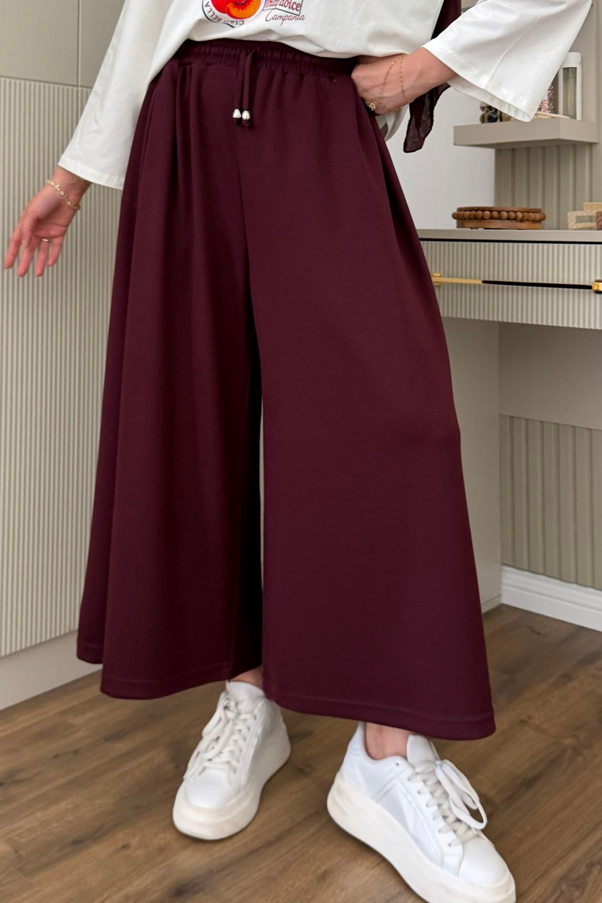 Oysho Beli İpli Lastikli Bol Paça Etek Pantolon-BORDO