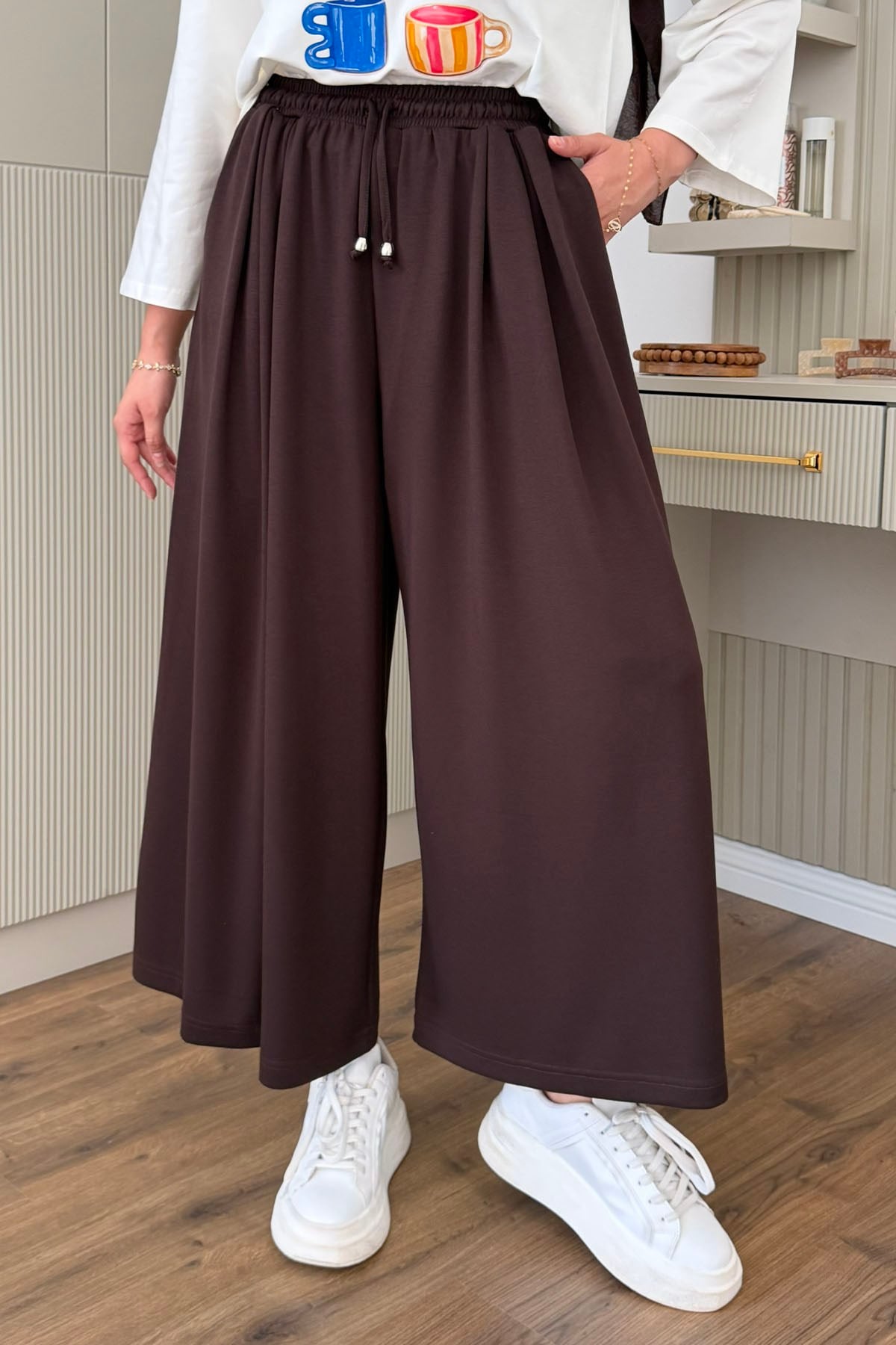 Oysho Beli İpli Lastikli Bol Paça Etek Pantolon-KAHVERENGİ