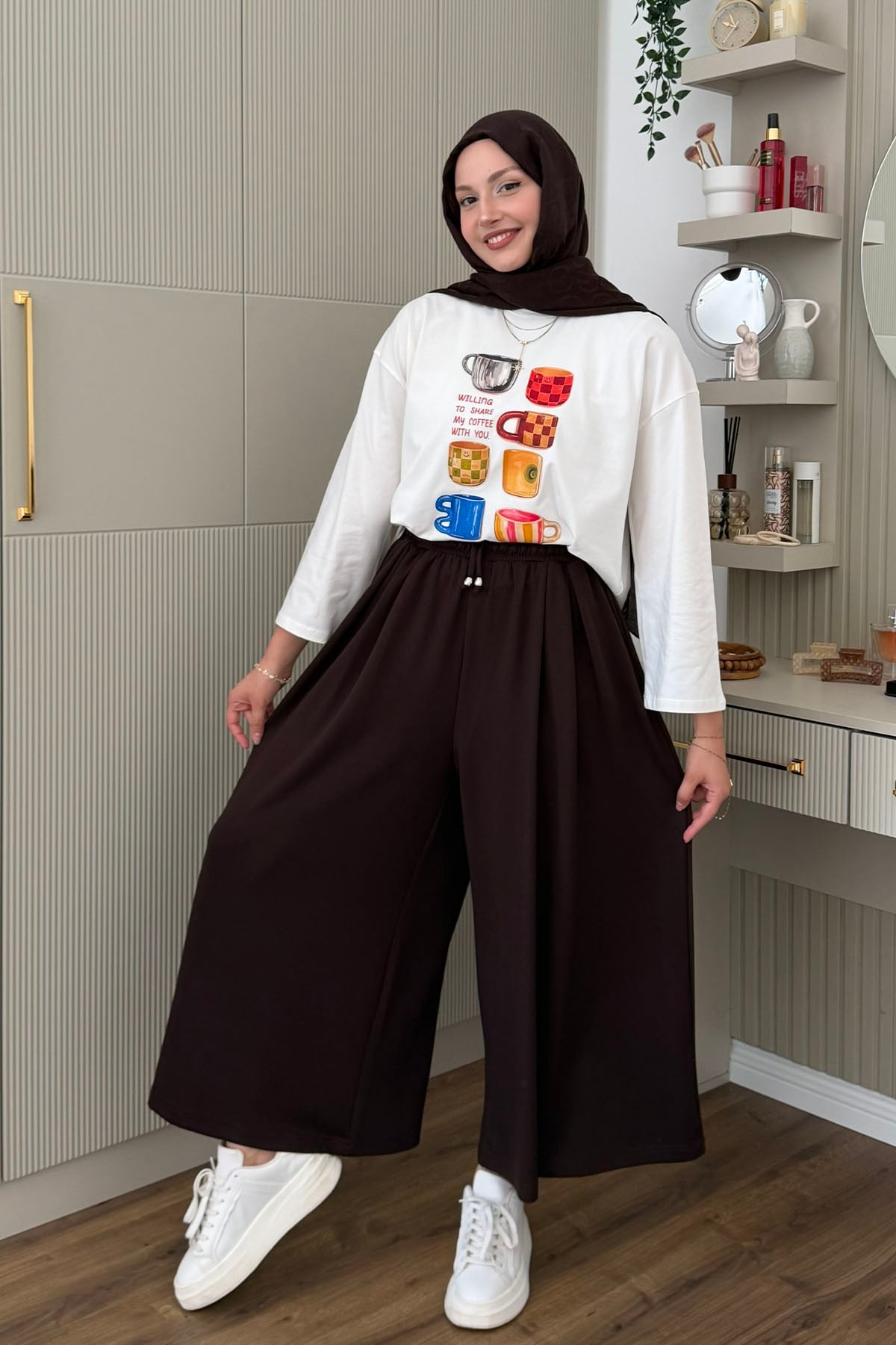Oysho Beli İpli Lastikli Bol Paça Etek Pantolon-KAHVERENGİ