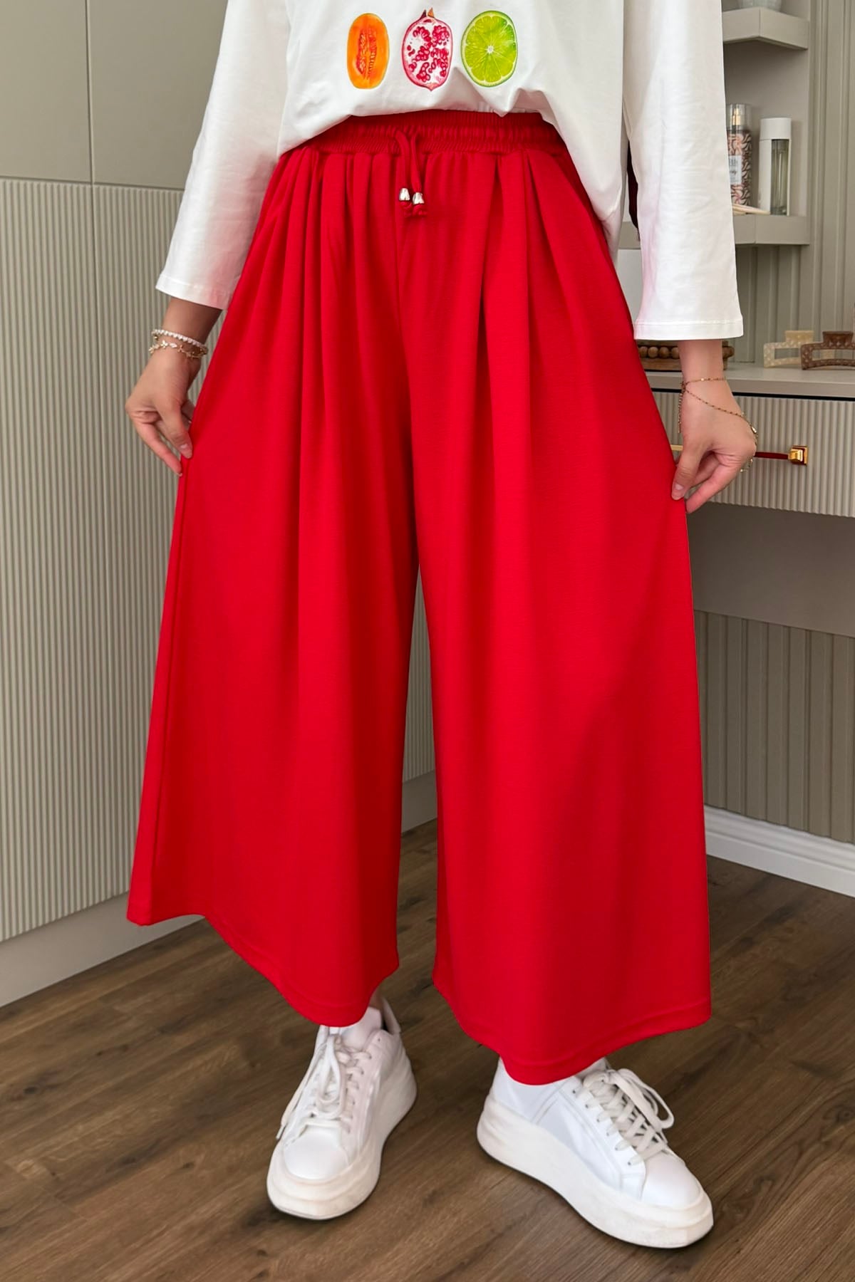 Oysho Beli İpli Lastikli Bol Paça Etek Pantolon-KIRMIZI