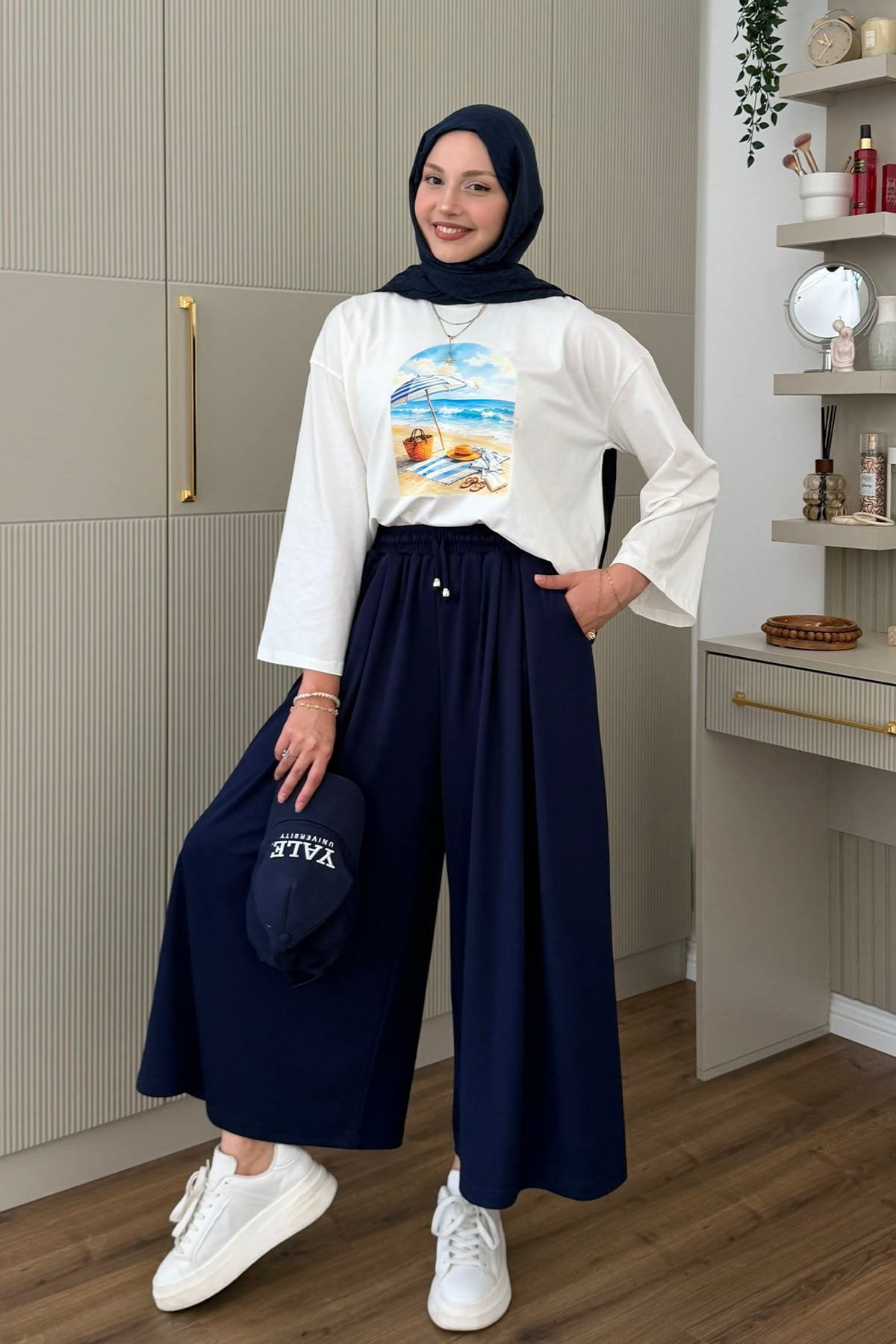 Oysho Beli İpli Lastikli Bol Paça Etek Pantolon-LACİVERT