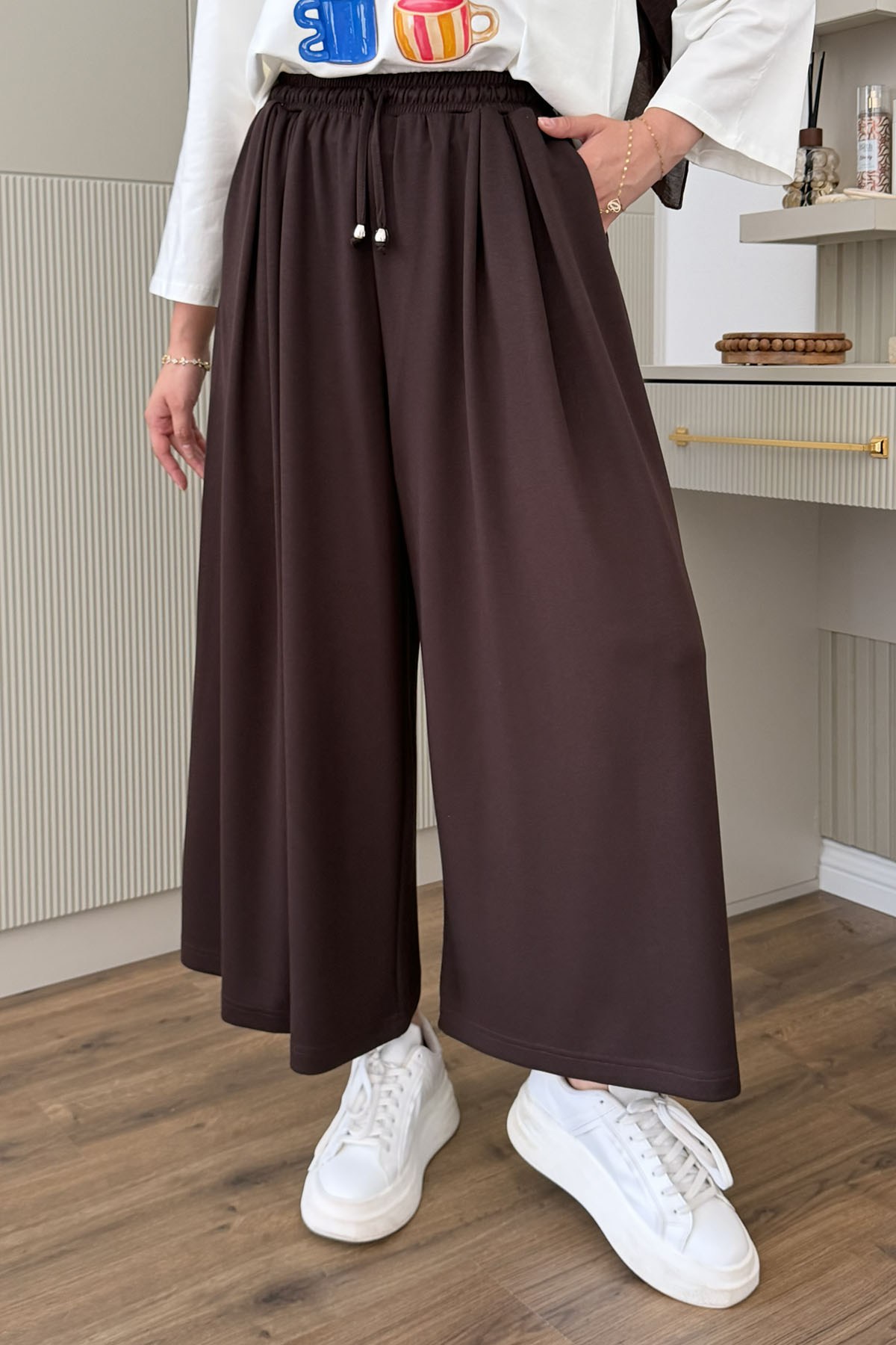 Oysho Beli İpli Lastikli Bol Paça Etek Pantolon-KAHVERENGİ