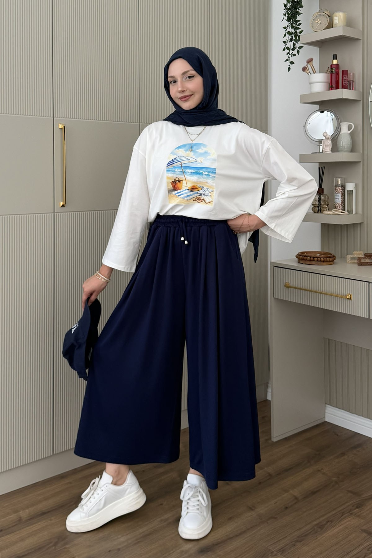 Oysho Beli İpli Lastikli Bol Paça Etek Pantolon-LACİVERT