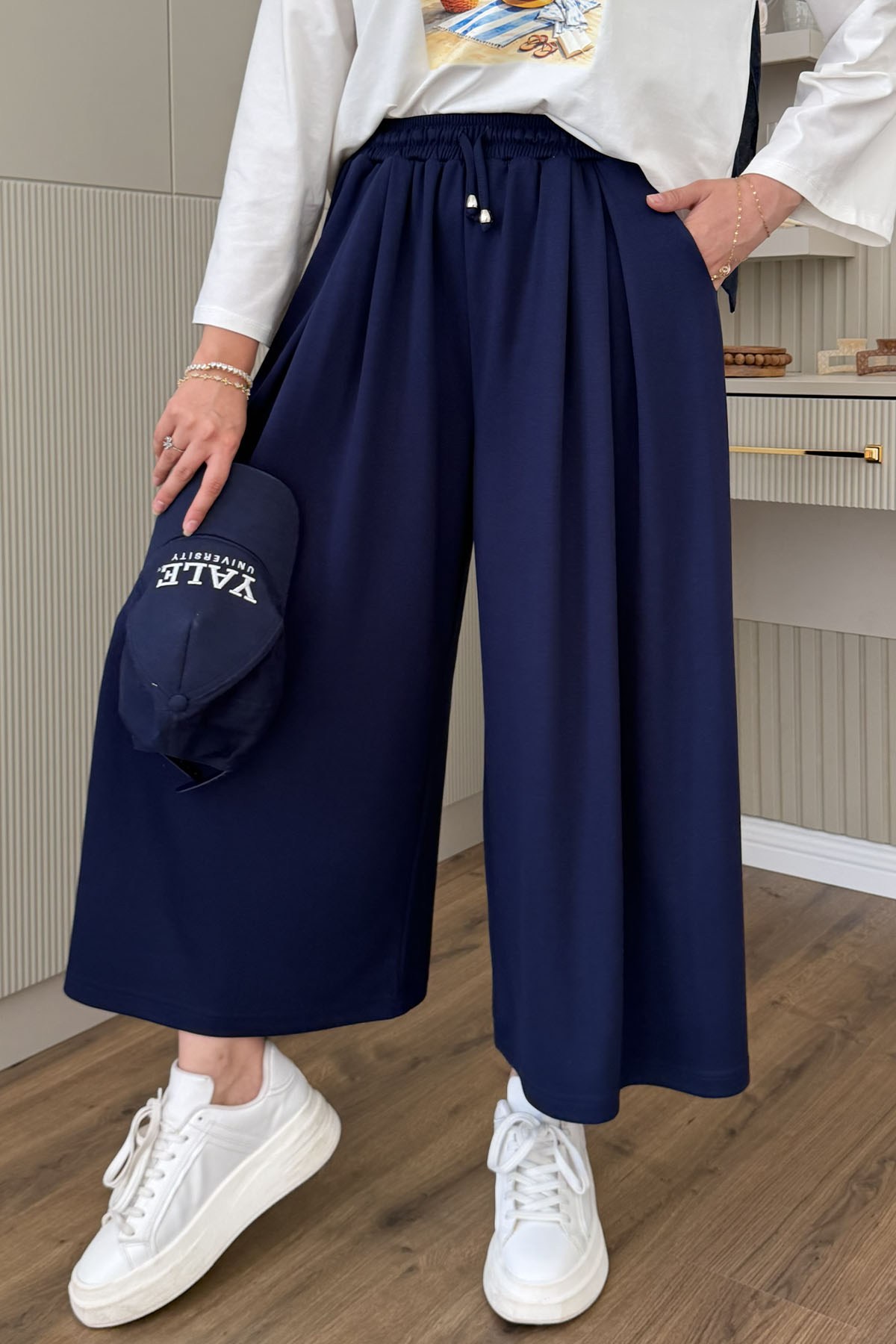 Oysho Beli İpli Lastikli Bol Paça Etek Pantolon-LACİVERT