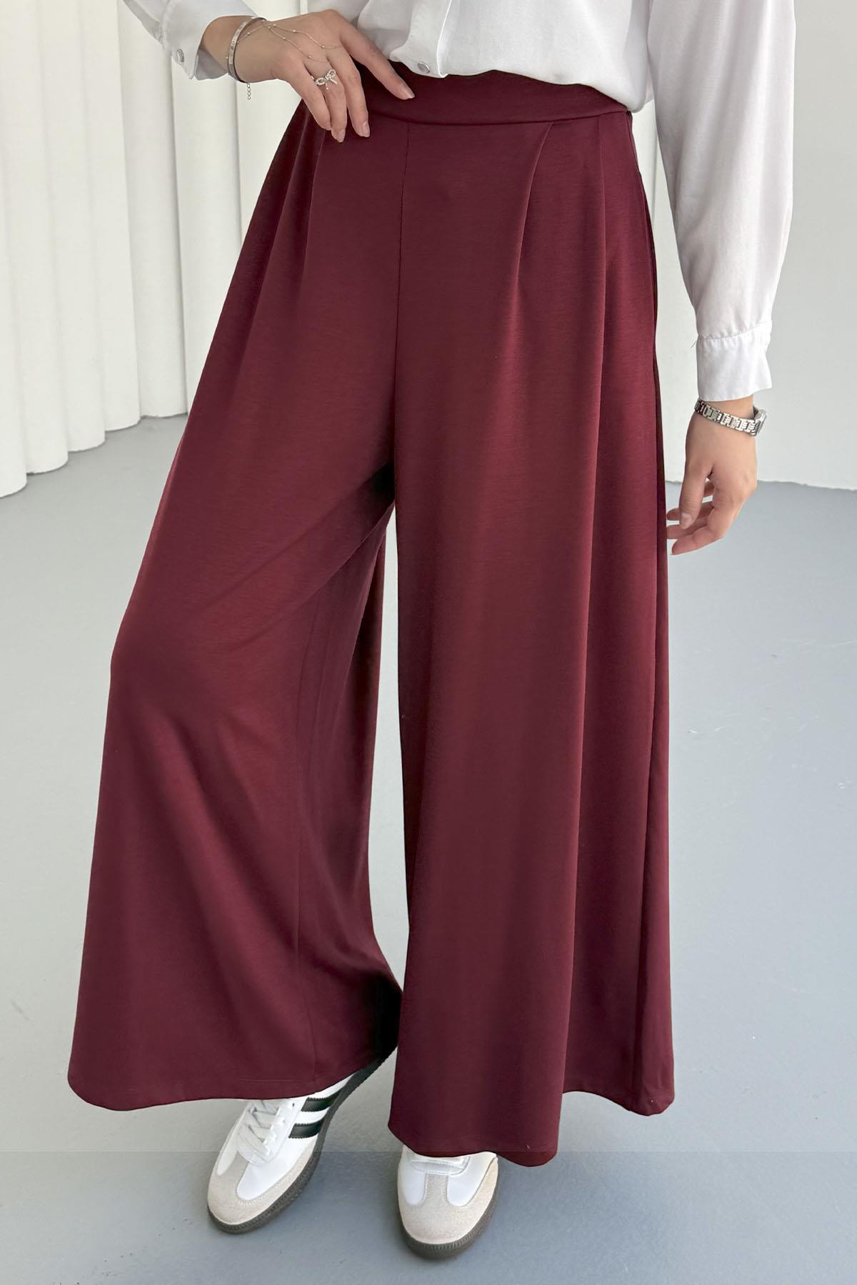 Oysho Kumaş Bel Lastikli Cepli Bol Paça Pantolon-BORDO