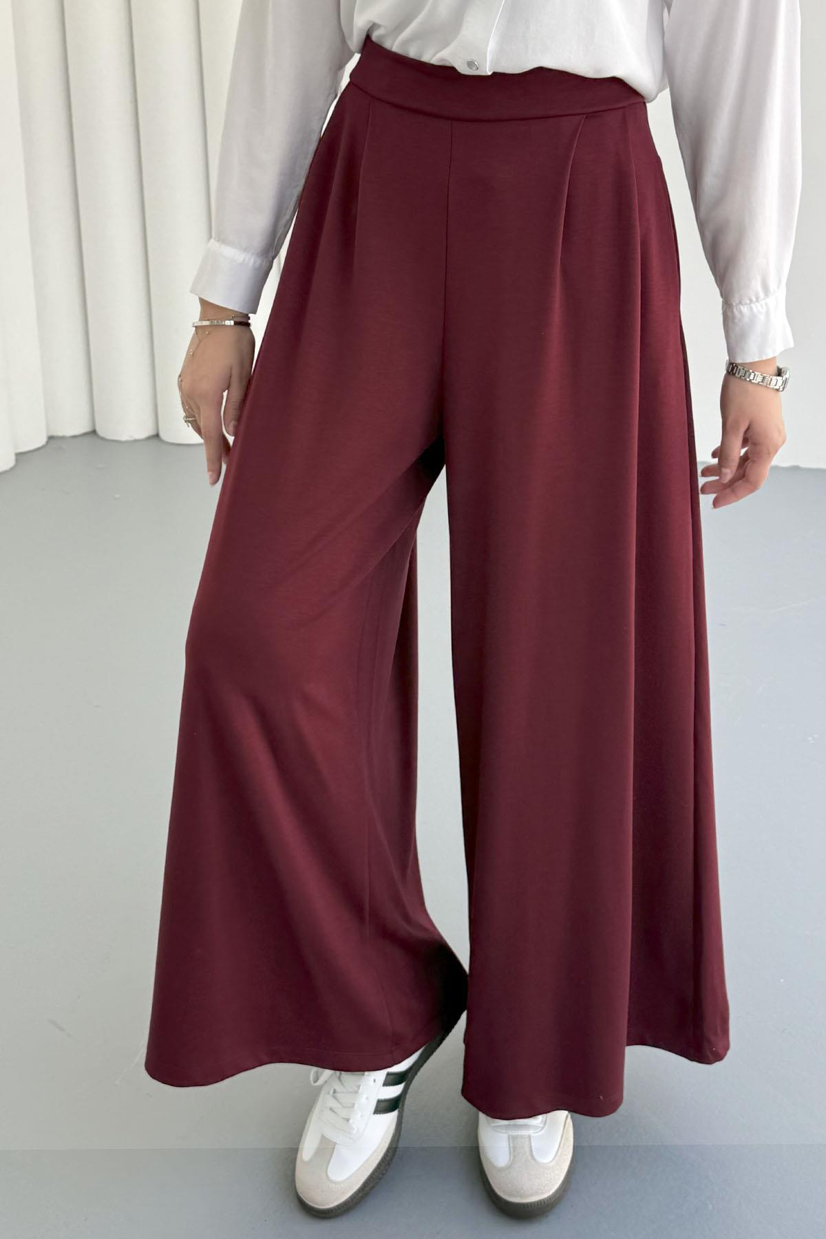 Oysho Kumaş Bel Lastikli Cepli Bol Paça Pantolon-BORDO