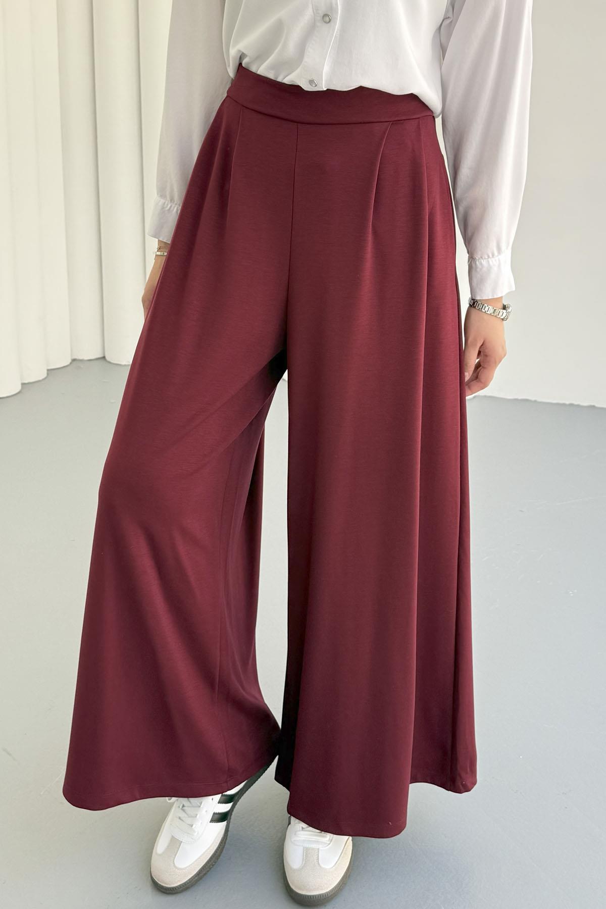 Oysho Kumaş Bel Lastikli Cepli Bol Paça Pantolon-BORDO