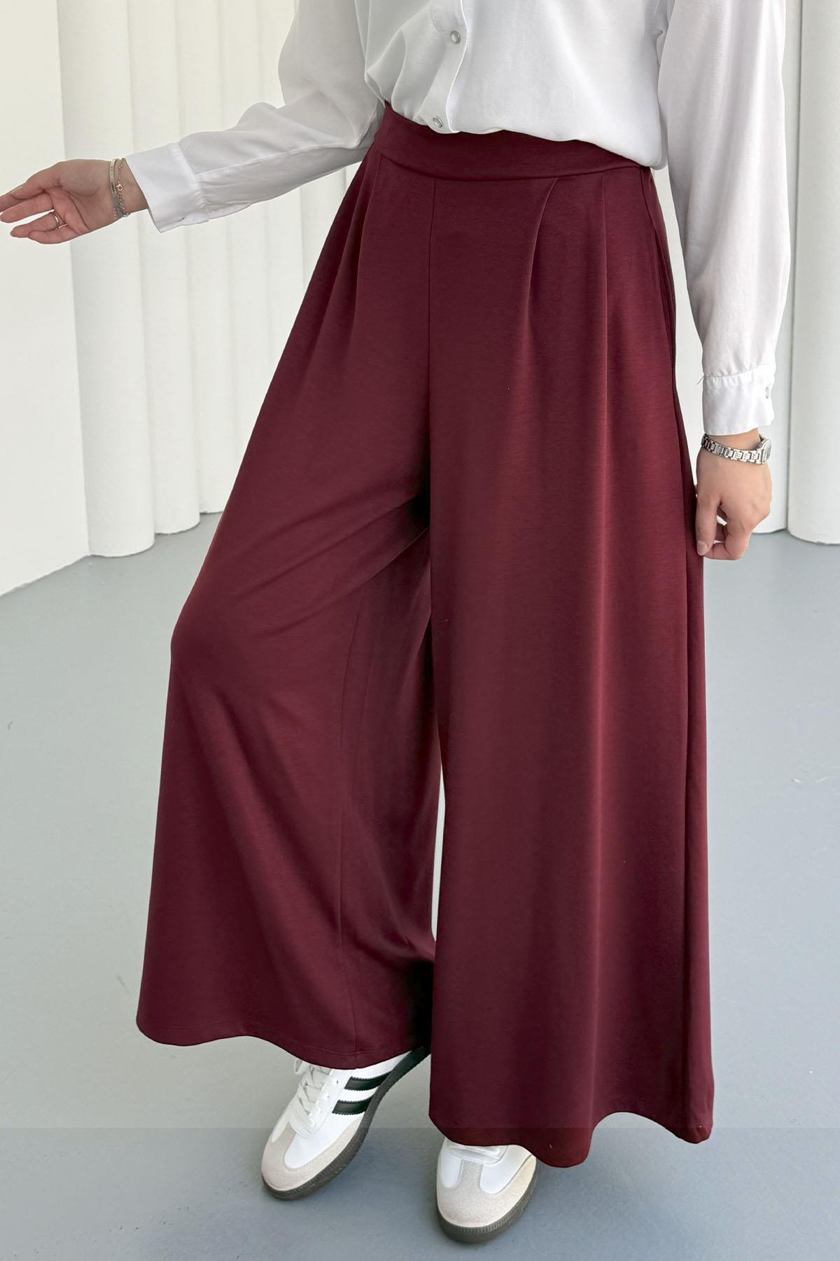 Oysho Kumaş Bel Lastikli Cepli Bol Paça Pantolon-BORDO