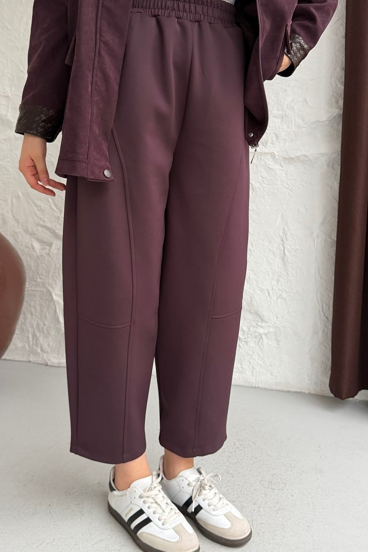 Oysho Kumaş Dikiş Detaylı Beli Lastikli Cepli Pantolon-BORDO