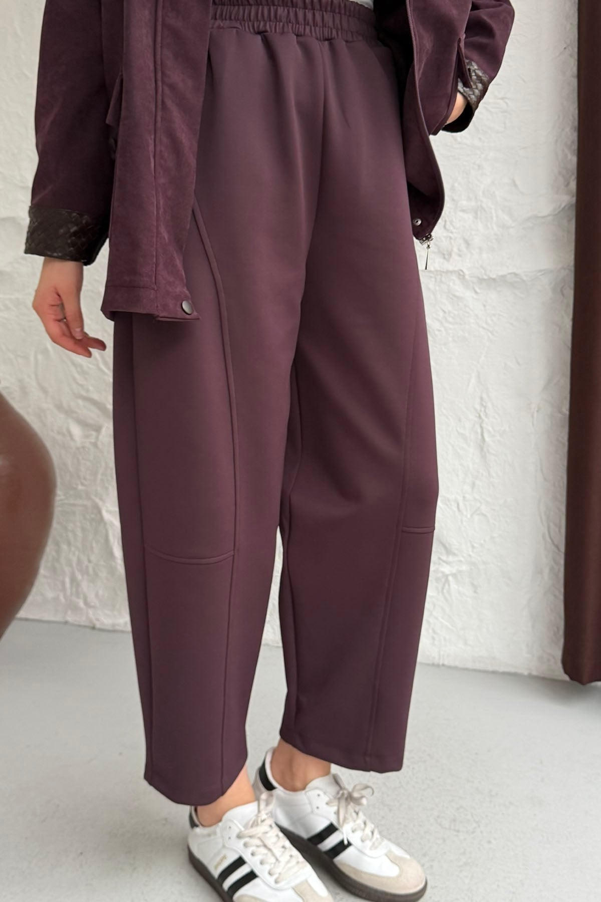 Oysho Kumaş Dikiş Detaylı Beli Lastikli Cepli Pantolon-BORDO