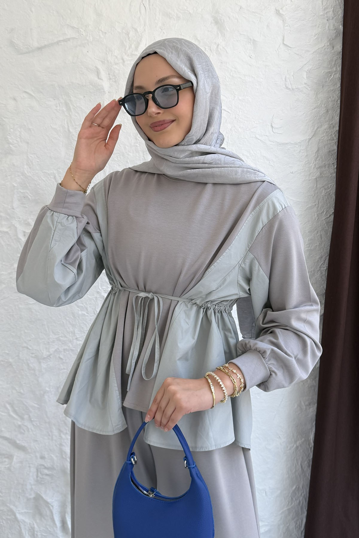 Oysho Kumaş Gömlek Detaylı Belden Büzgülü Tesettür Takım-GRİ