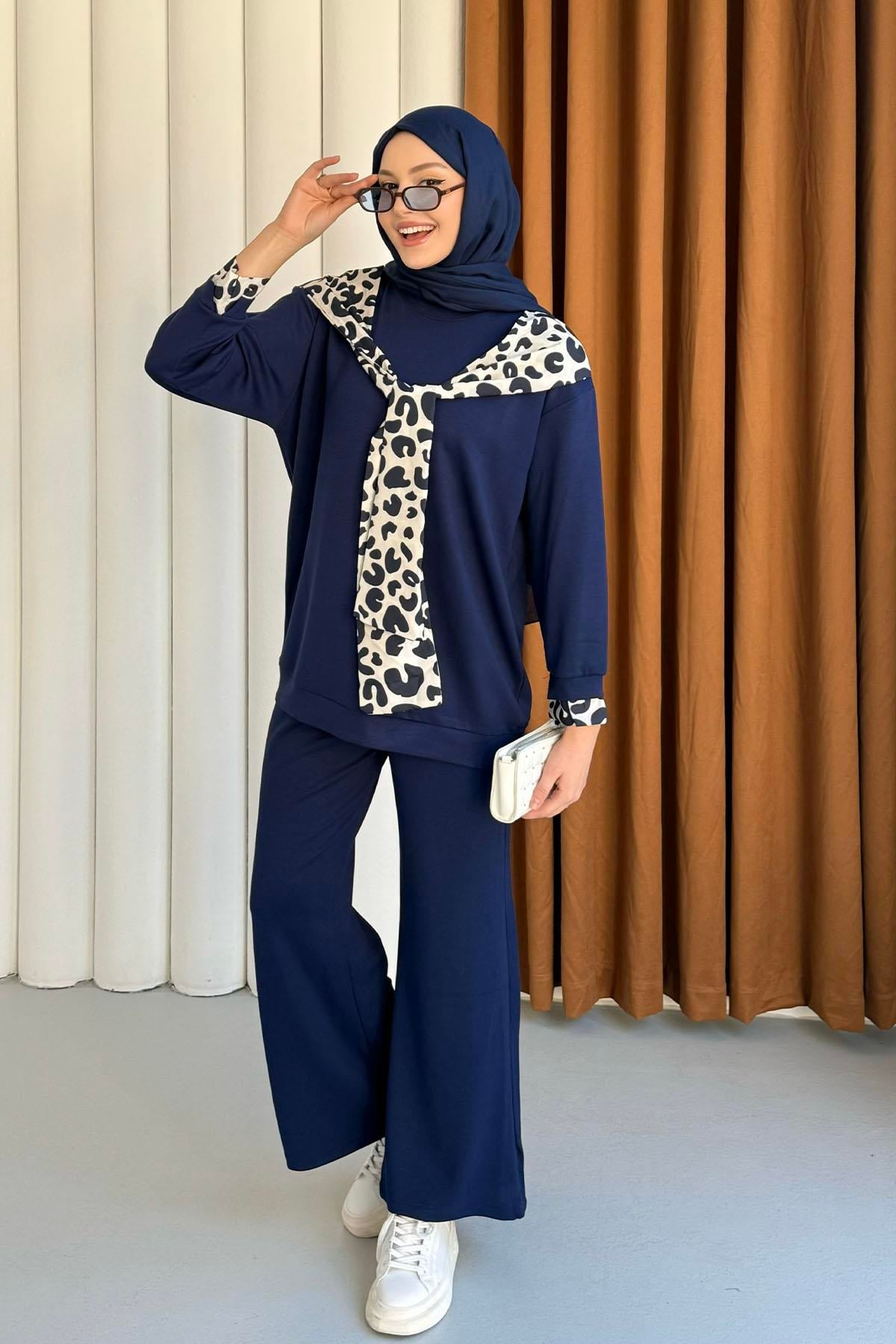 Oysho Kumaş Leopar Desenli Pantolonlu Tesettür Takım-LACİVERT