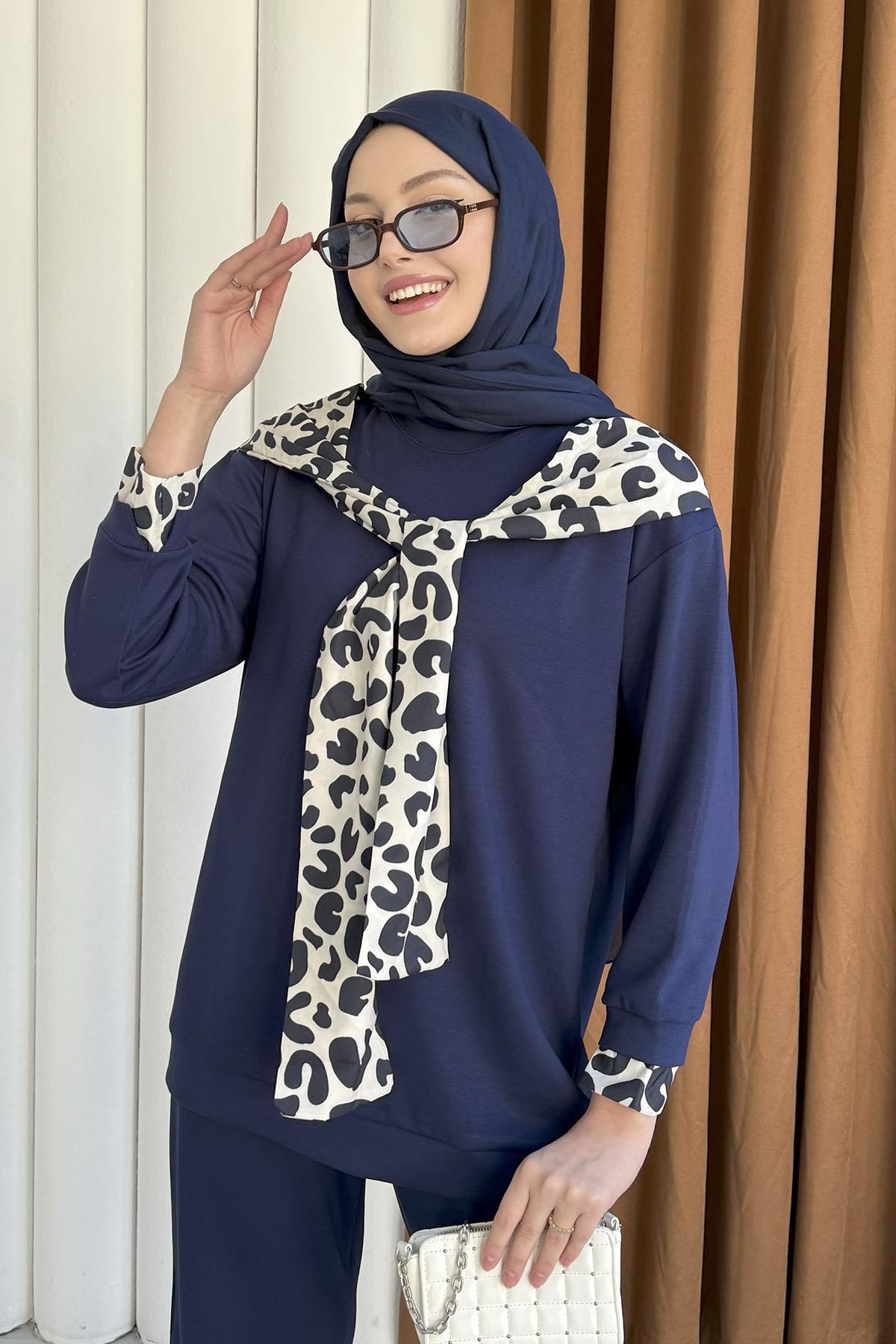 Oysho Kumaş Leopar Desenli Pantolonlu Tesettür Takım-LACİVERT