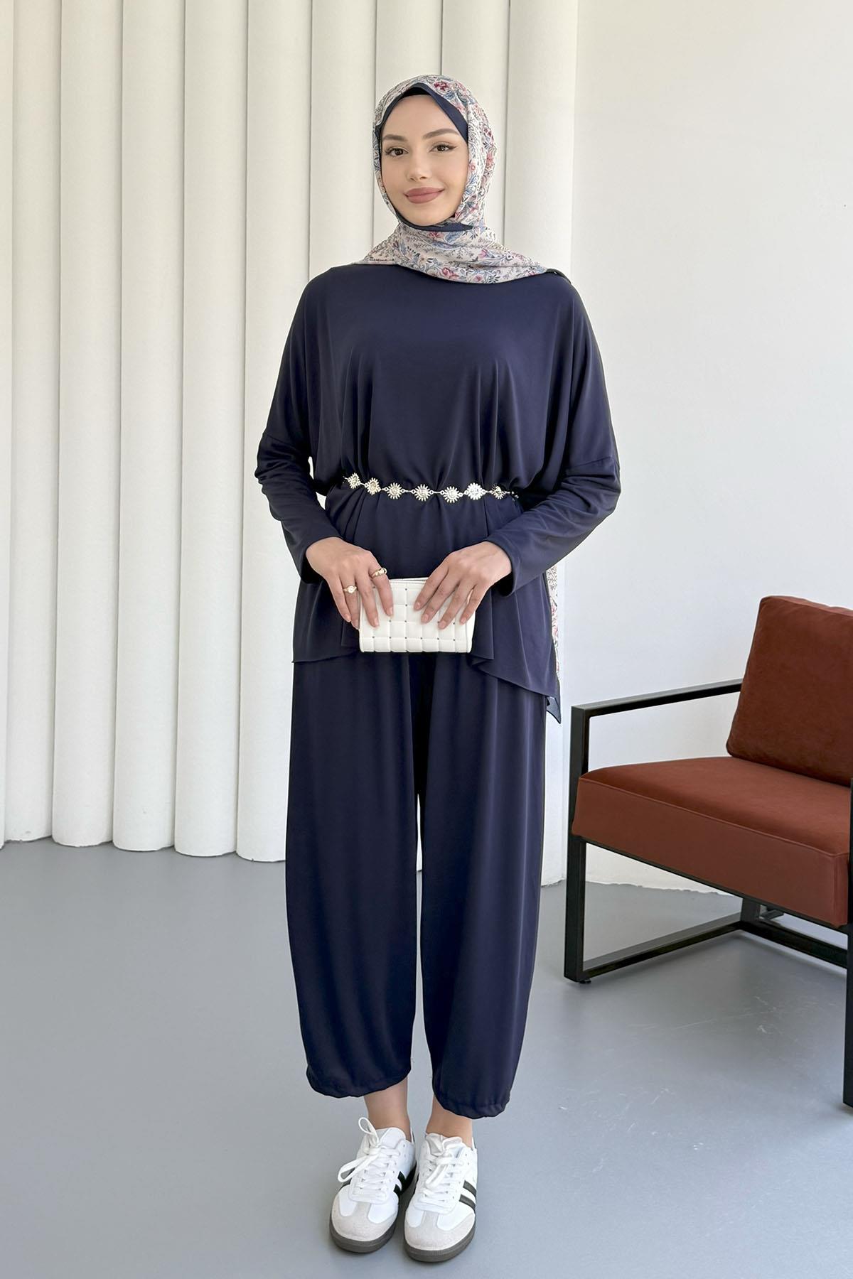 Oysho Süprem Kumaş Yandan Yırtmaçlı Tesettür Takım-LACİVERT