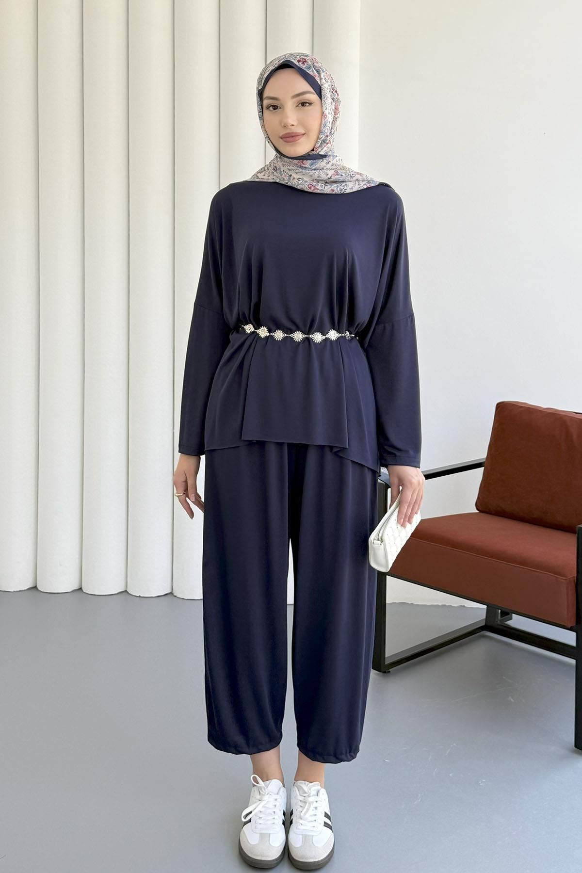 Oysho Süprem Kumaş Yandan Yırtmaçlı Tesettür Takım-LACİVERT