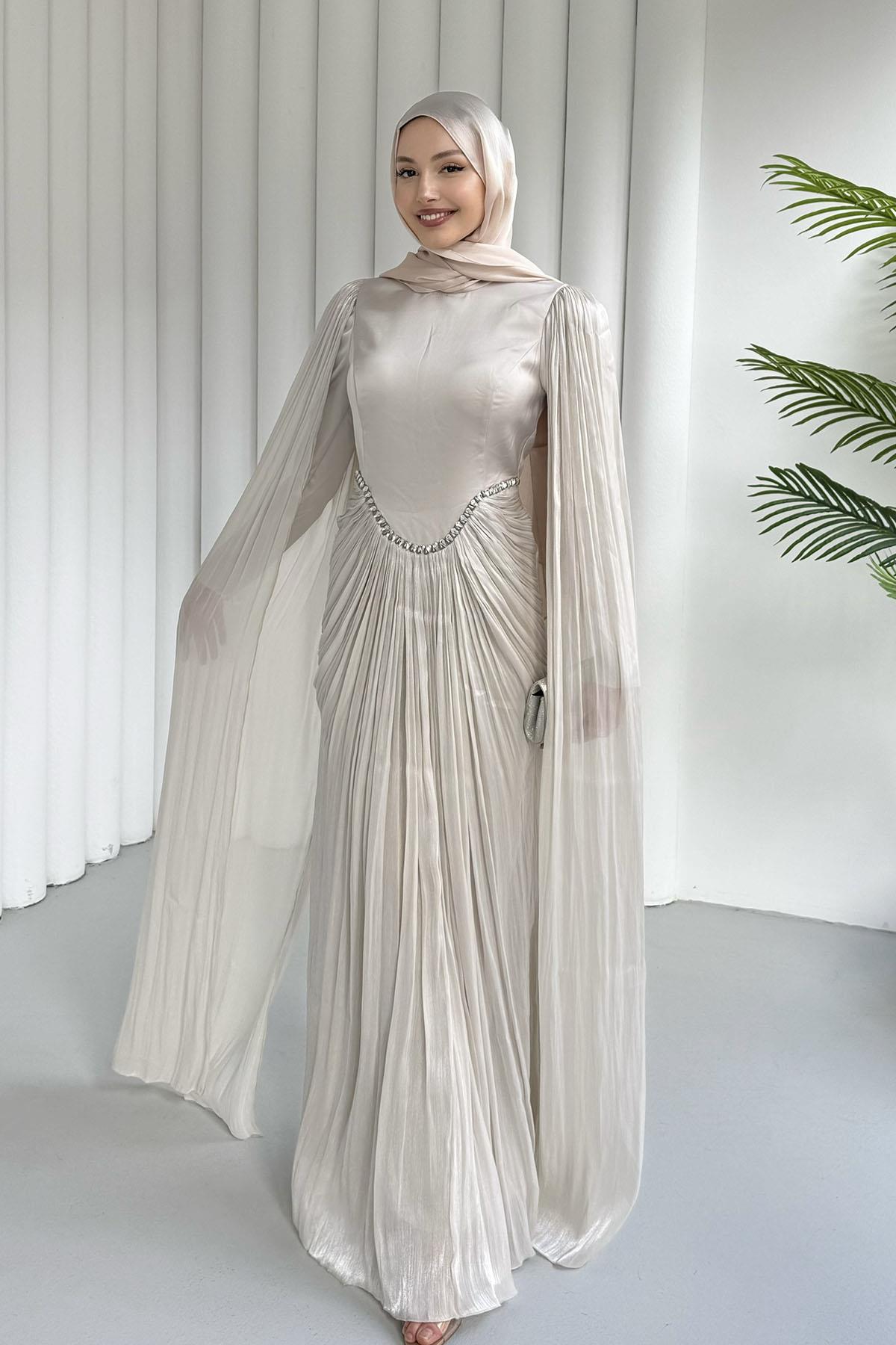 Özel Tasarım Kol Pelerin Detaylı Tesettür Abiye-TAŞ