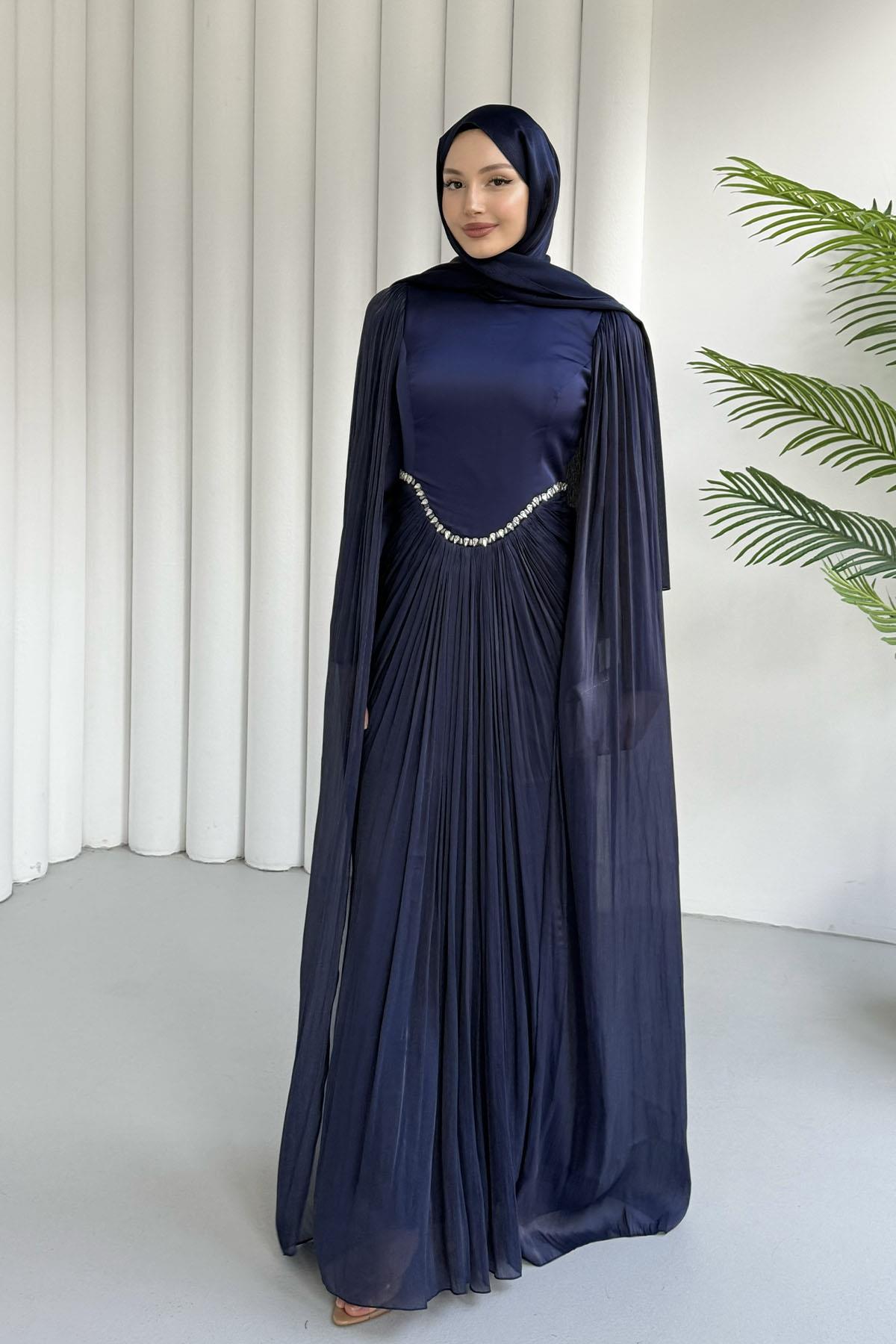 Özel Tasarım Kol Pelerin Detaylı Tesettür Abiye-LACİVERT