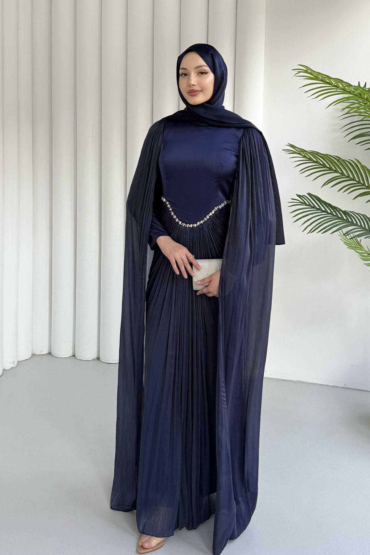 Özel Tasarım Kol Pelerin Detaylı Tesettür Abiye-LACİVERT