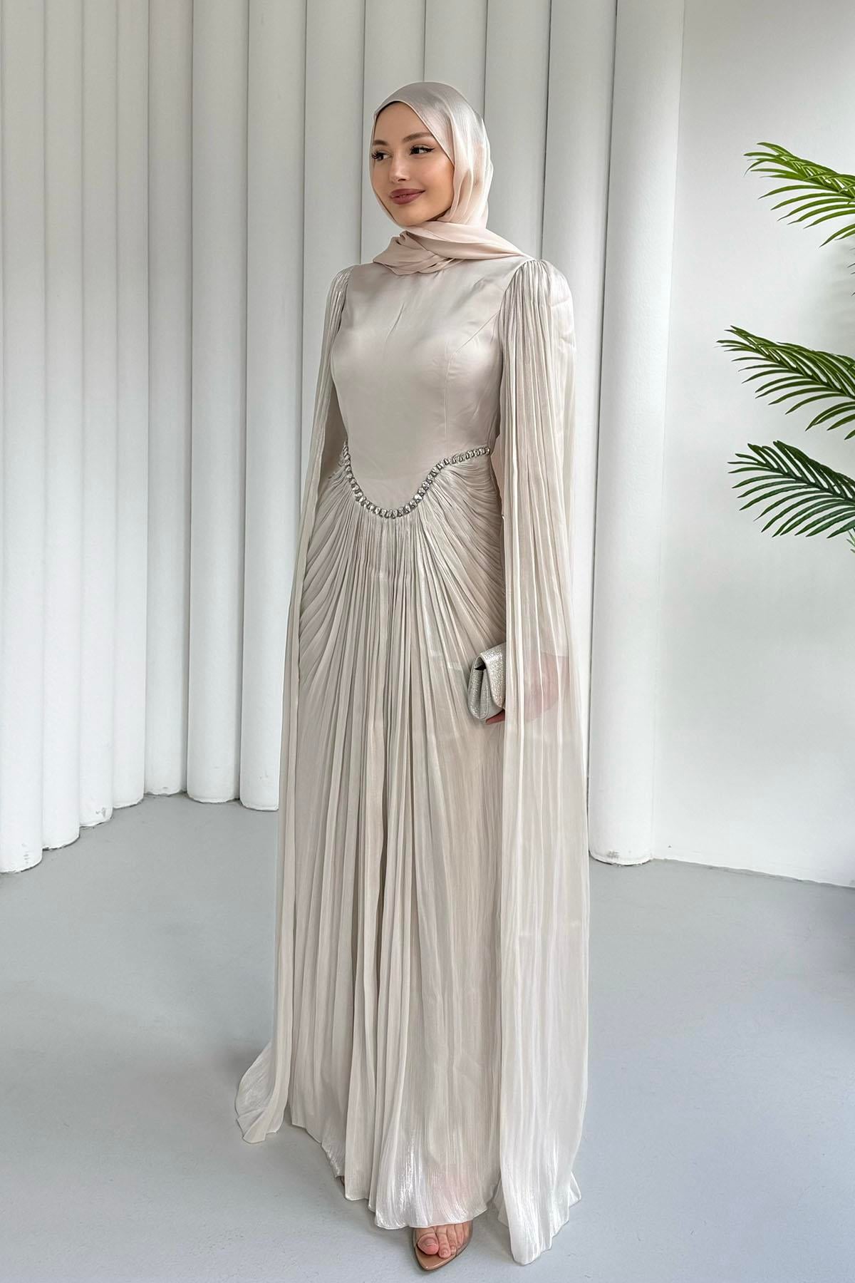 Özel Tasarım Kol Pelerin Detaylı Tesettür Abiye-TAŞ