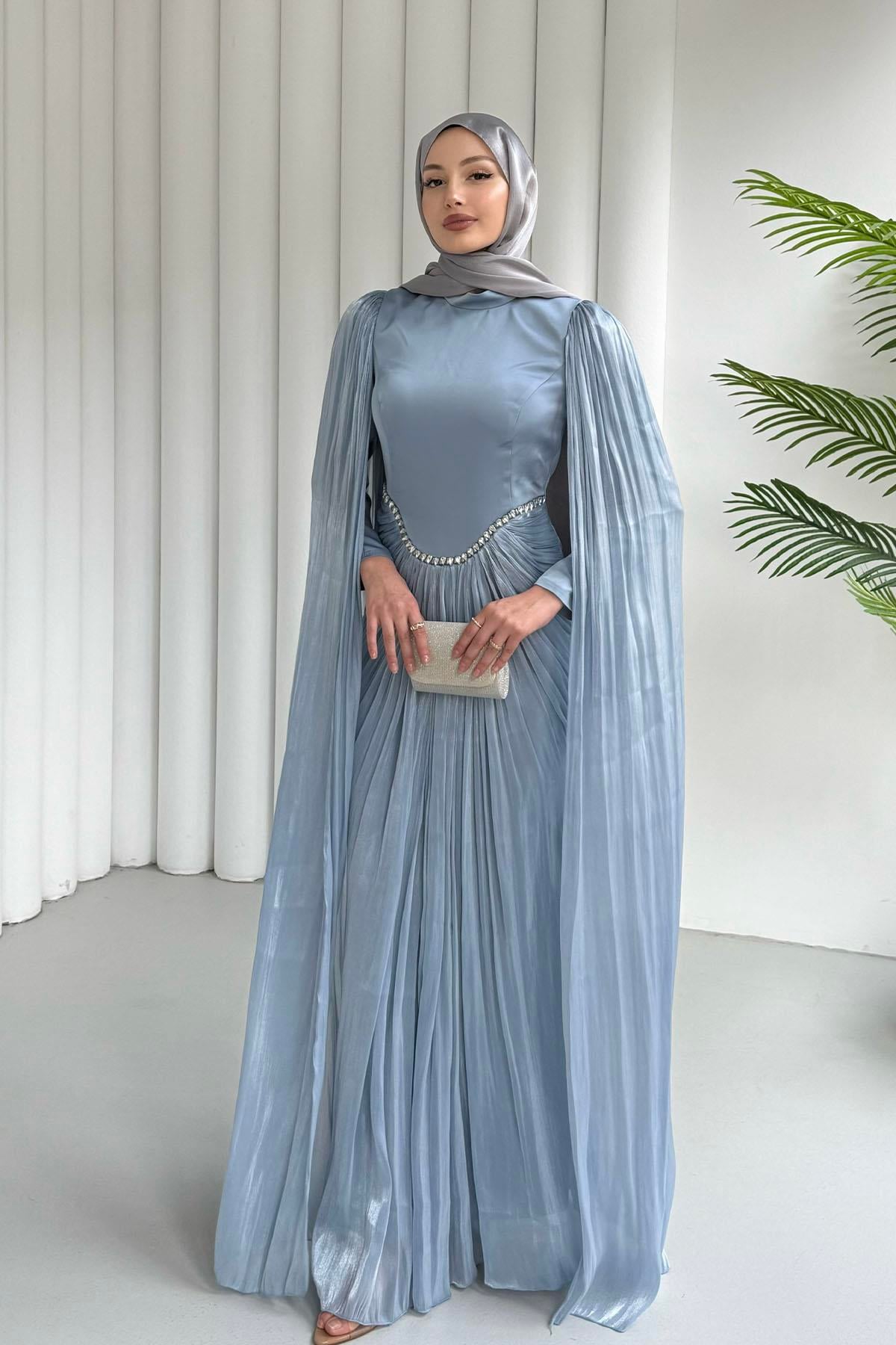 Özel Tasarım Kol Pelerin Detaylı Tesettür Abiye-BEBE MAVİ