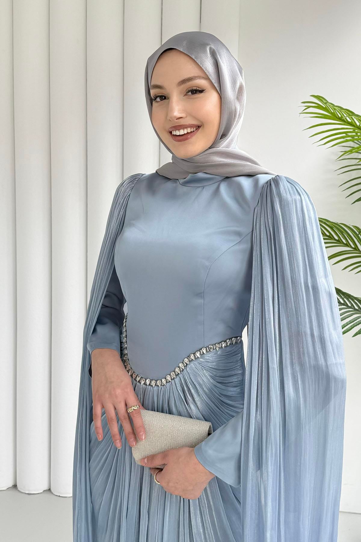 Özel Tasarım Kol Pelerin Detaylı Tesettür Abiye-BEBE MAVİ