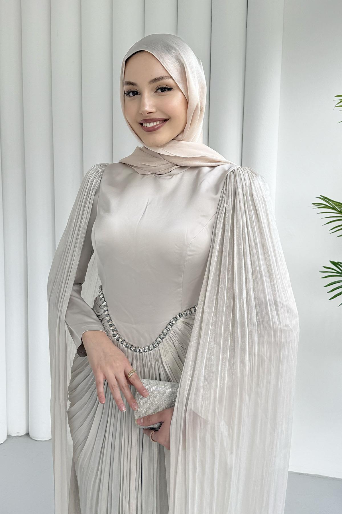 Özel Tasarım Kol Pelerin Detaylı Tesettür Abiye-TAŞ