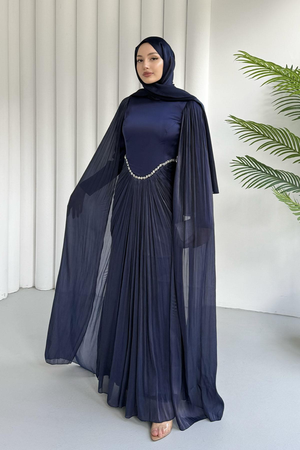 Özel Tasarım Kol Pelerin Detaylı Tesettür Abiye-LACİVERT