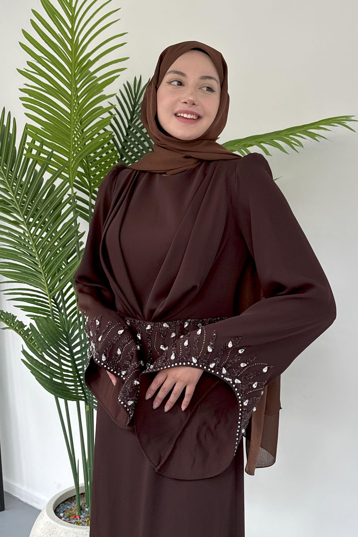 Parıltı Taş Detaylı Tesettür Abiye-ACI KAHVE